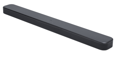 Ciemnoszary soundbar, prostokątny, lekko pochylony, z zaokrąglonymi rogami i małym logo.