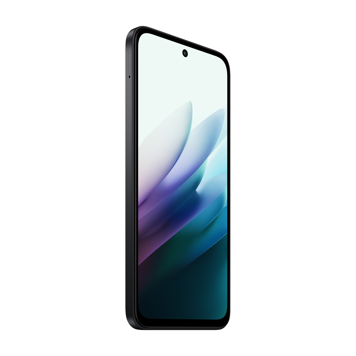 Uno smartphone nero leggermente angolato. Lo schermo mostra un design stilizzato e astratto in tonalità di blu, viola e bianco.