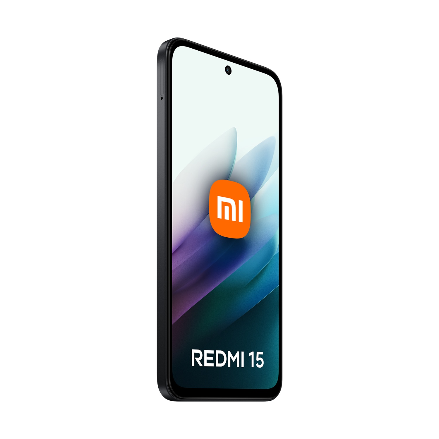 Uno smartphone Redmi 15 nero. Lo schermo mostra un design bianco e blu con il logo arancione Xiaomi. Su sfondo bianco.