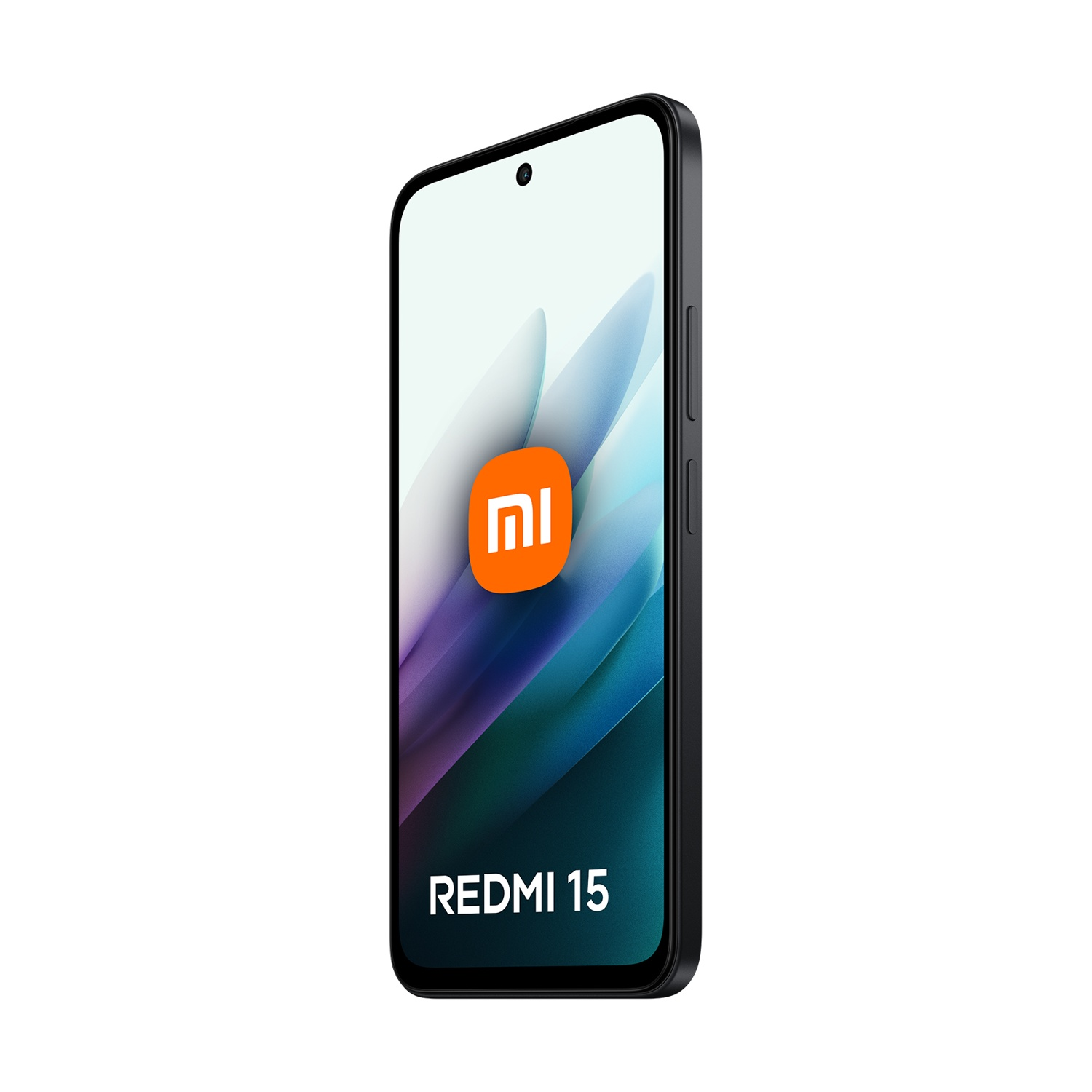 Uno smartphone Redmi 15 nero è mostrato in diagonale. Lo schermo mostra il logo Xiaomi e un design colorato, con il testo Redmi 15.