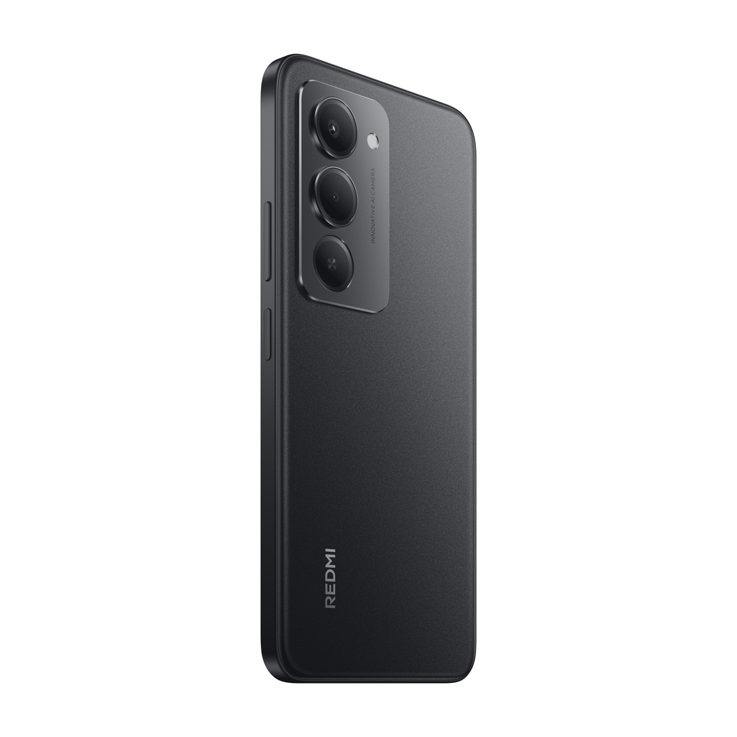 Un telefono Redmi nero. Tre obiettivi della fotocamera sono visibili in alto a sinistra sul retro del telefono. La parola 'REDMI' è stampata in basso.