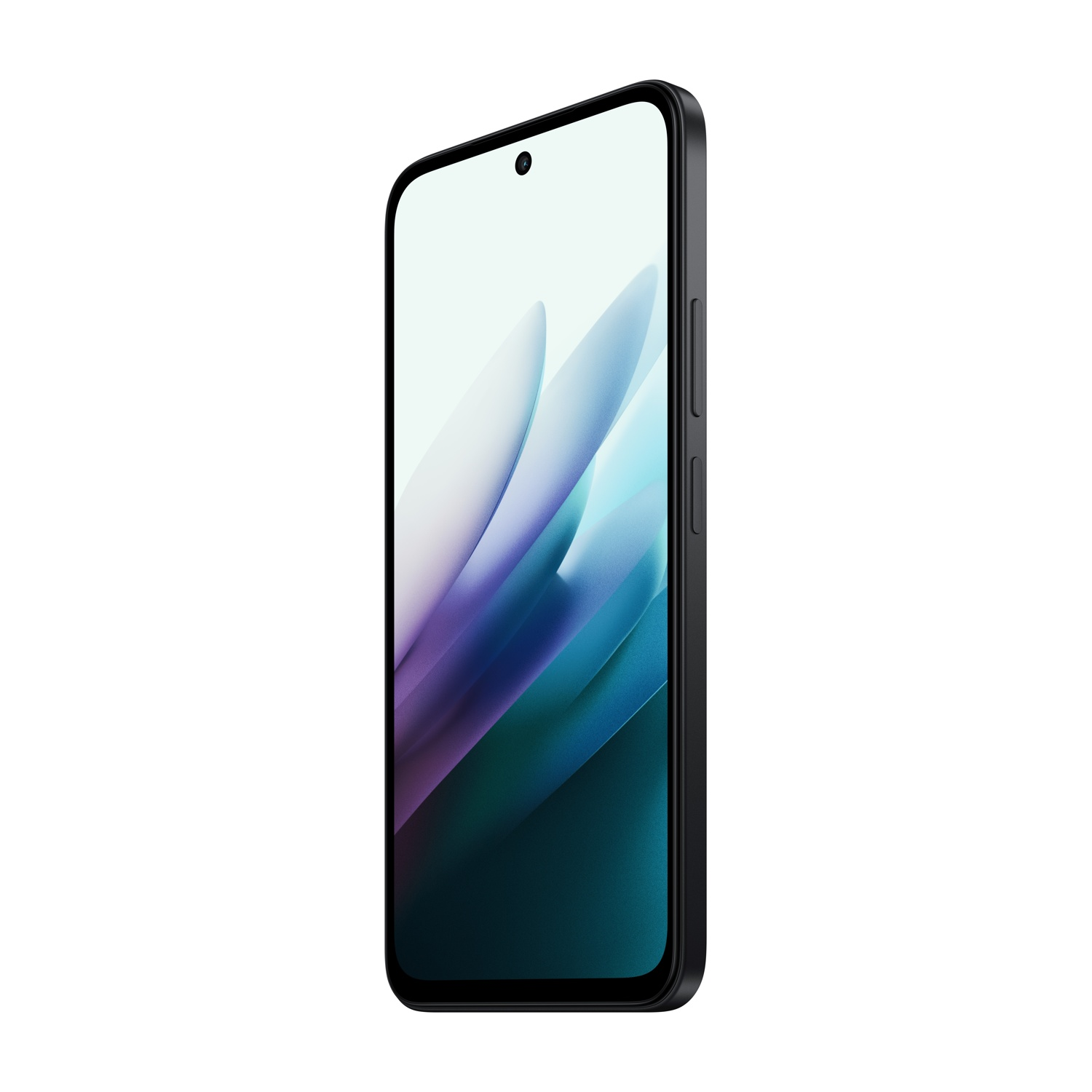 Smartphone nero leggermente angolato. Lo schermo mostra un design astratto sfocato con colori bianco, viola e teal.