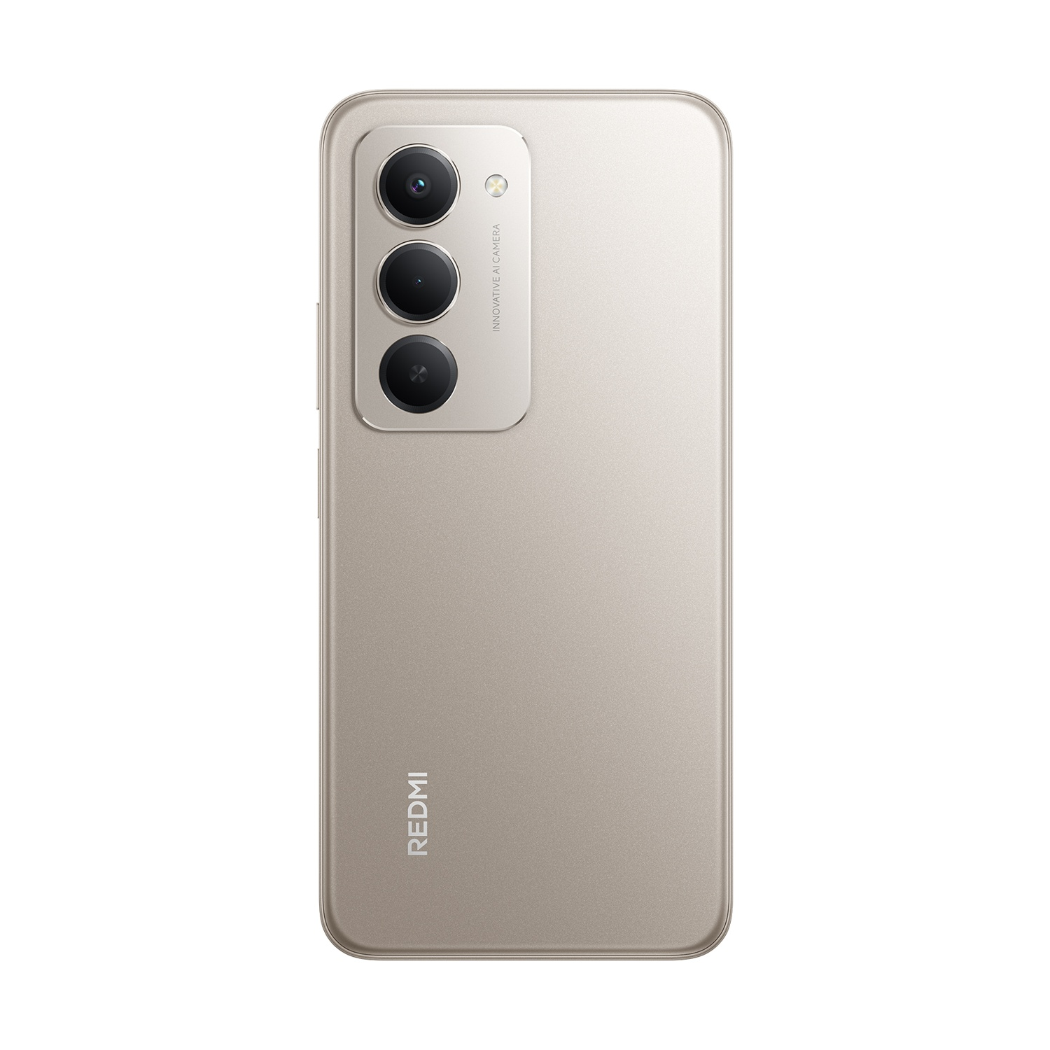 Retro di uno smartphone beige. Ha tre lenti della fotocamera e un flash. La scritta 'REDMI' è stampata in basso.