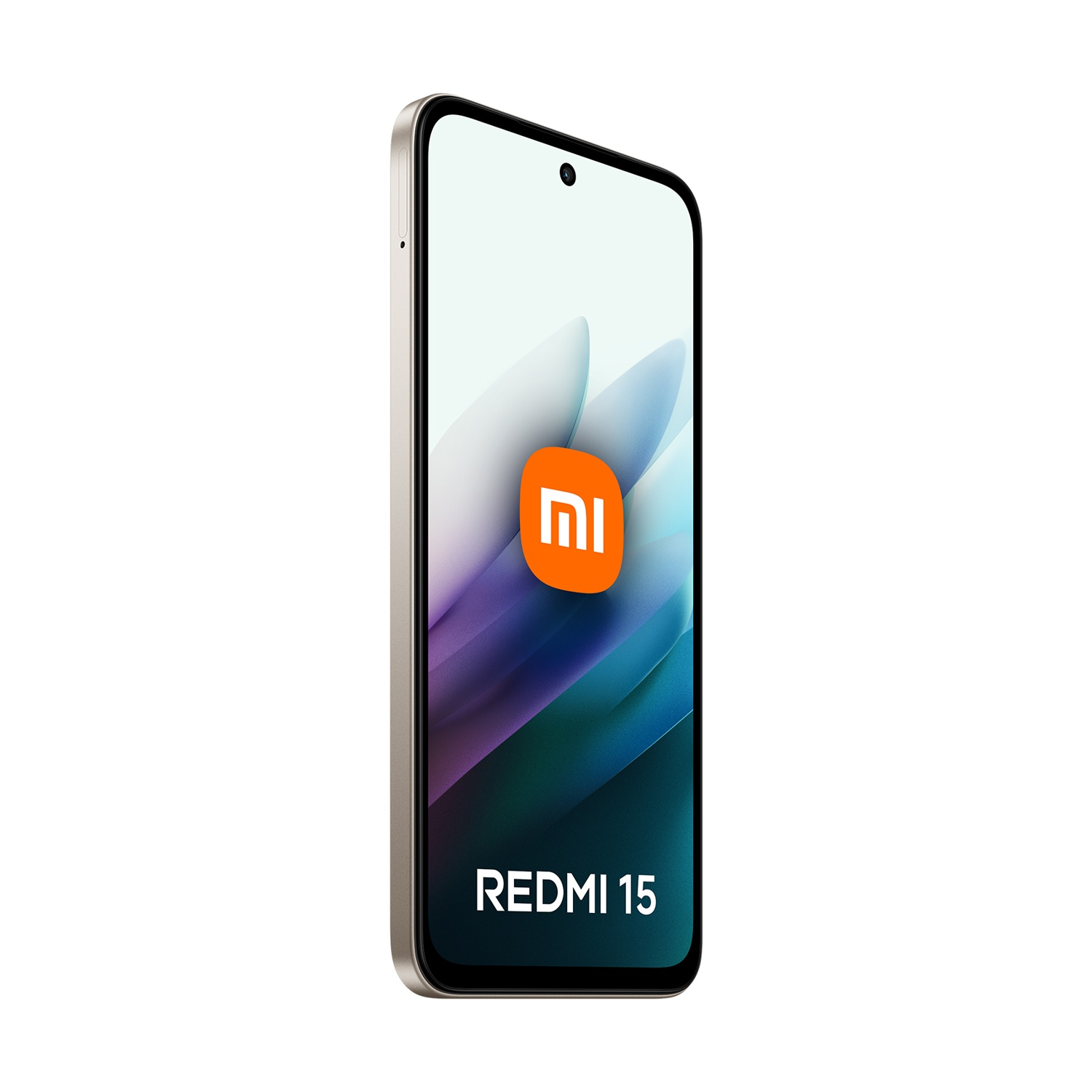 Uno smartphone Redmi 15 argentato è visualizzato in diagonale. Lo schermo mostra un logo e un design astratto su sfondo bianco.