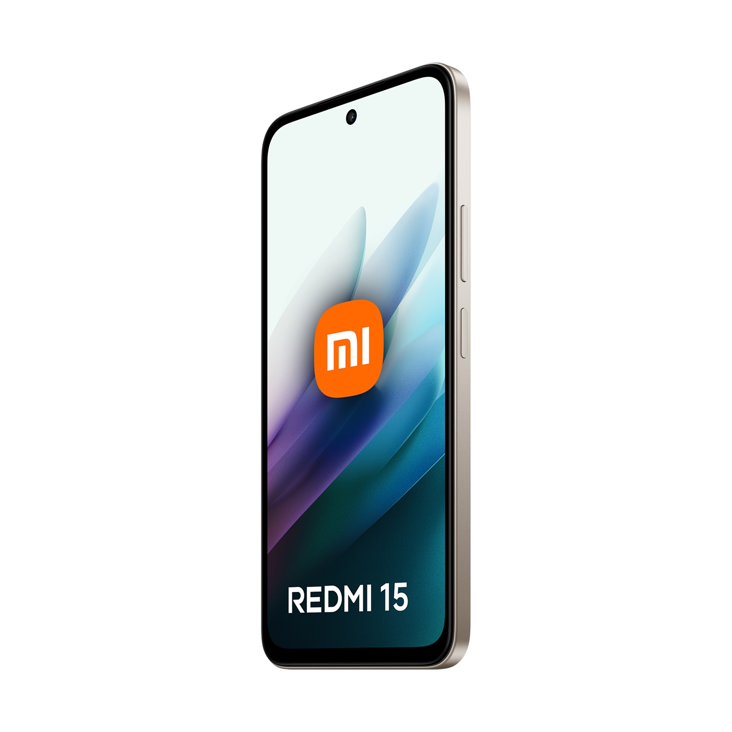 Uno smartphone con schermo che mostra un logo arancione e la scritta "REDMI 15". Il telefono ha una cornice marrone chiaro.