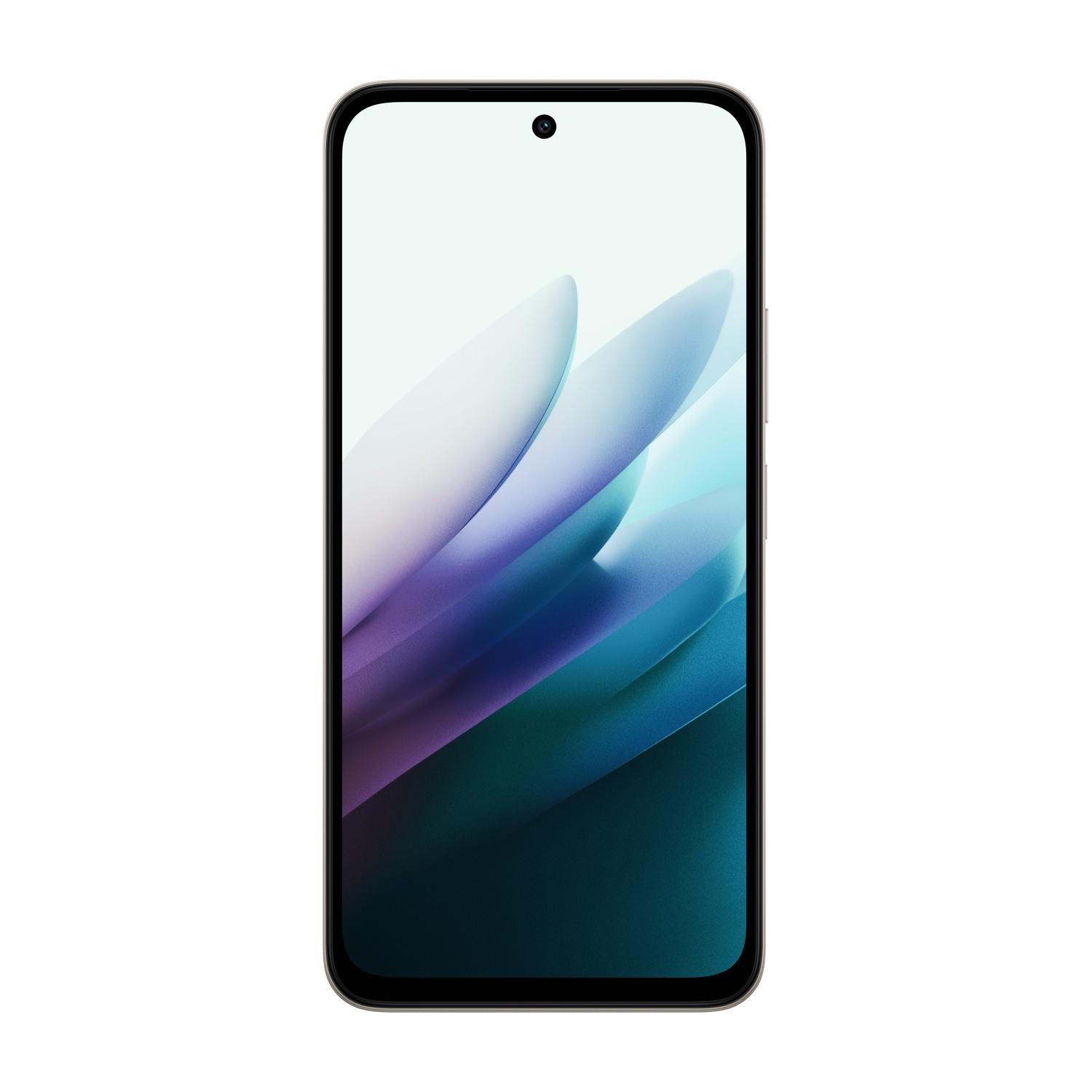 Uno smartphone con uno schermo che mostra forme astratte blu e viola. Il telefono ha un bordo nero e una fotocamera in alto.