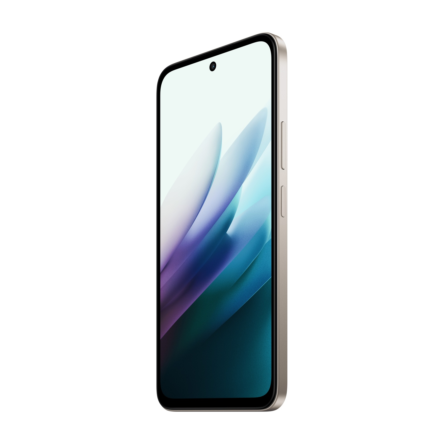 Uno smartphone inclinato leggermente di lato. Lo schermo mostra forme astratte in bianco, blu e viola. Il telefono è beige.