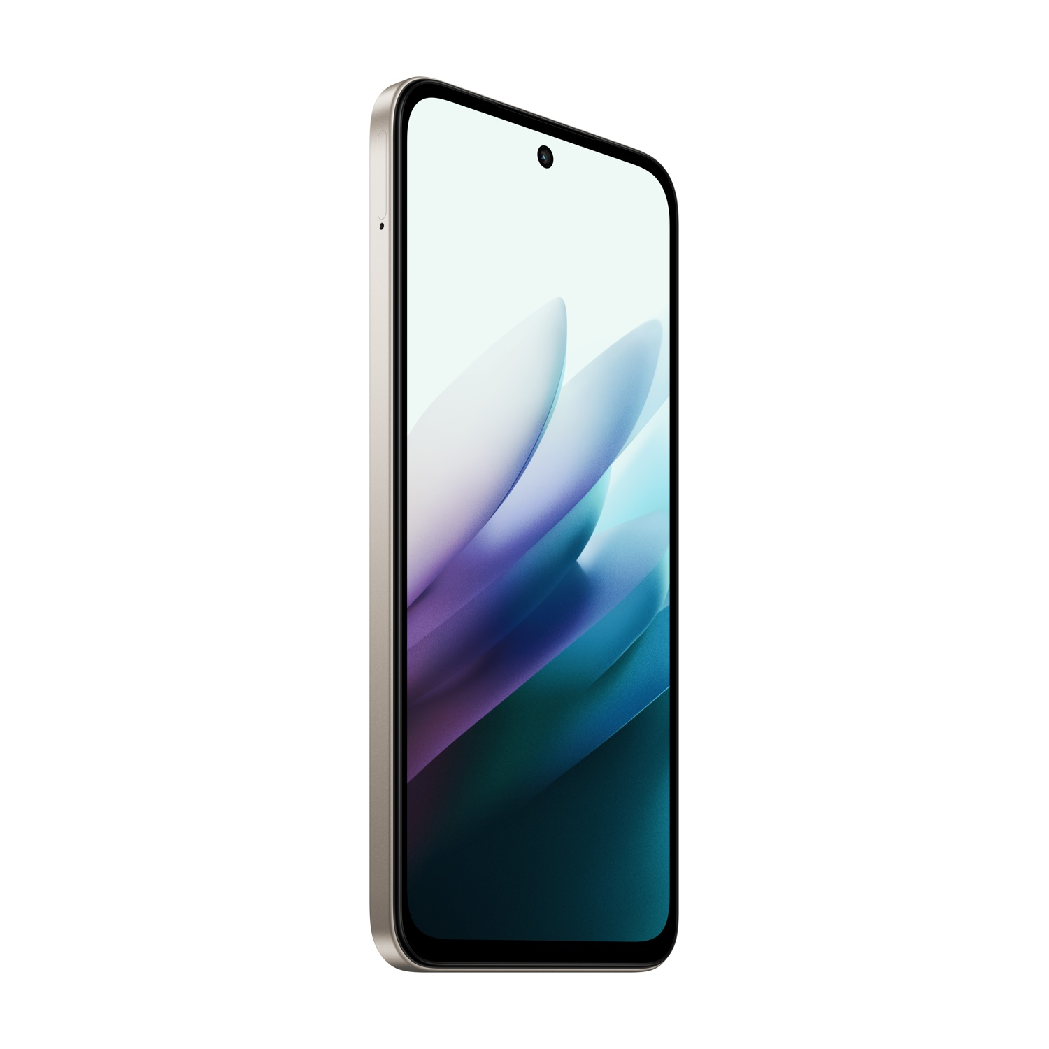 Uno smartphone inclinato di lato. Lo schermo mostra un design astratto di forme blu e viola.