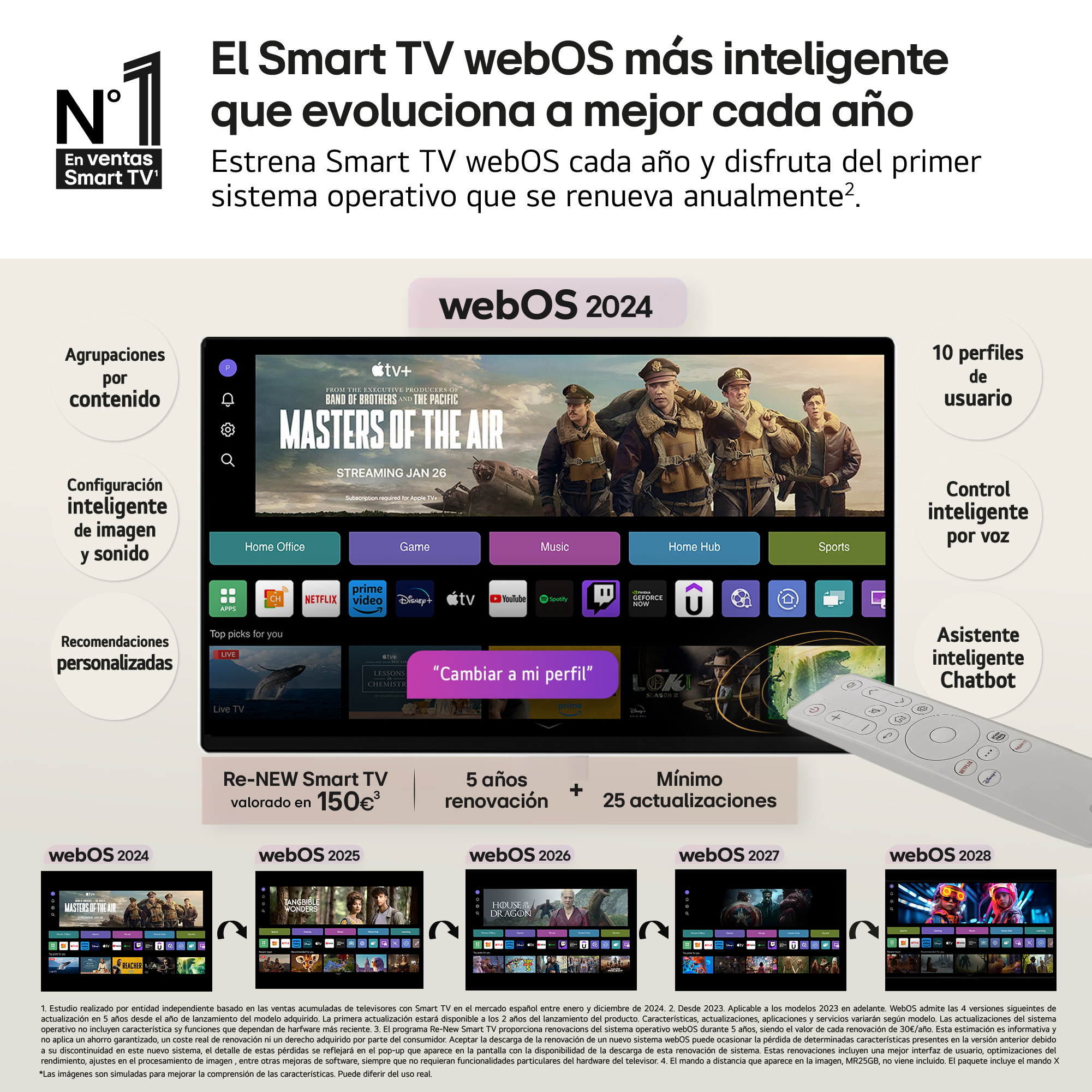 Interfaz de Smart TV con iconos de aplicaciones. La pantalla del televisor muestra un programa. Incluye un mando a distancia.