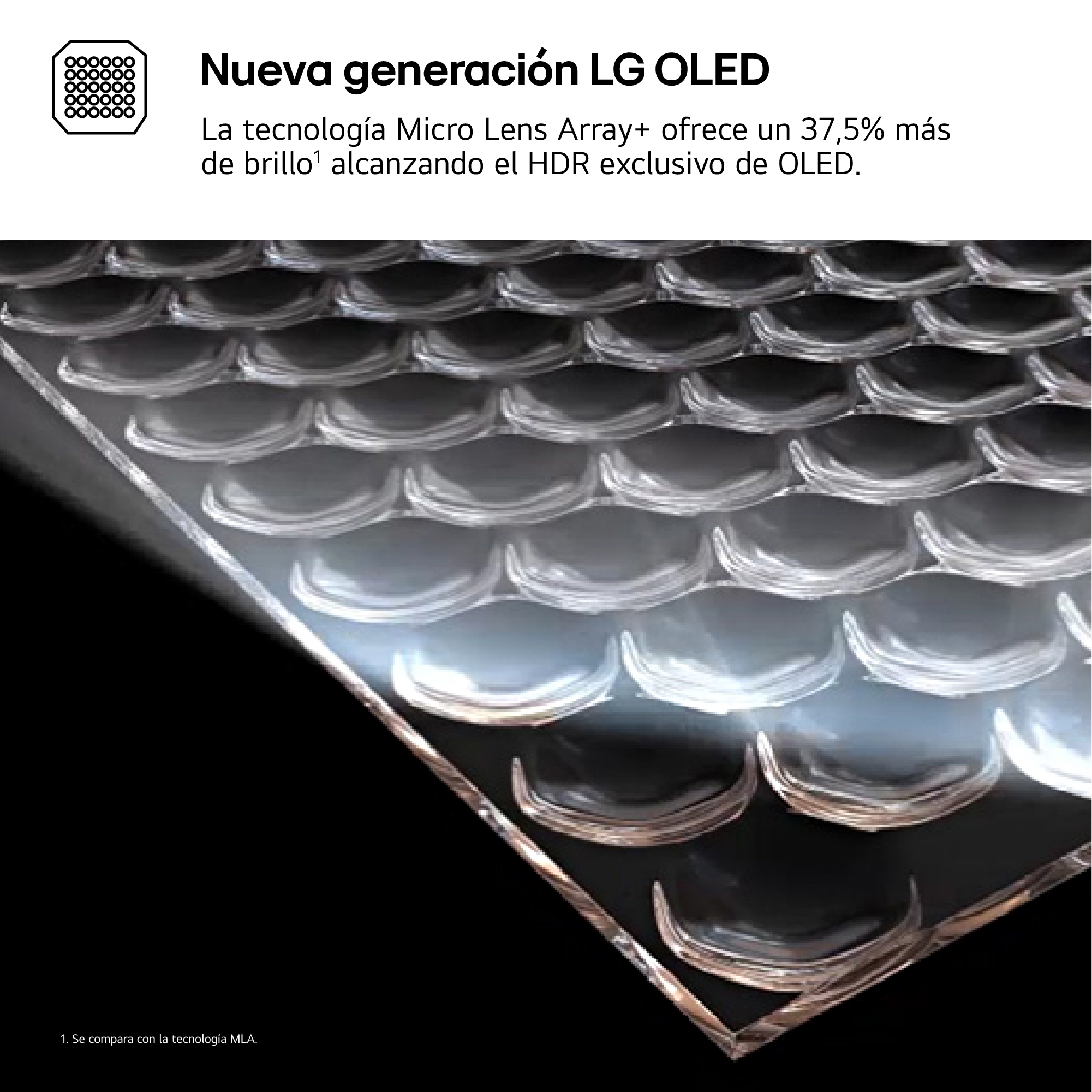 La imagen muestra un primer plano de la matriz de lentes de una pantalla OLED. Las lentes son transparentes, con fondo negro y texto arriba.