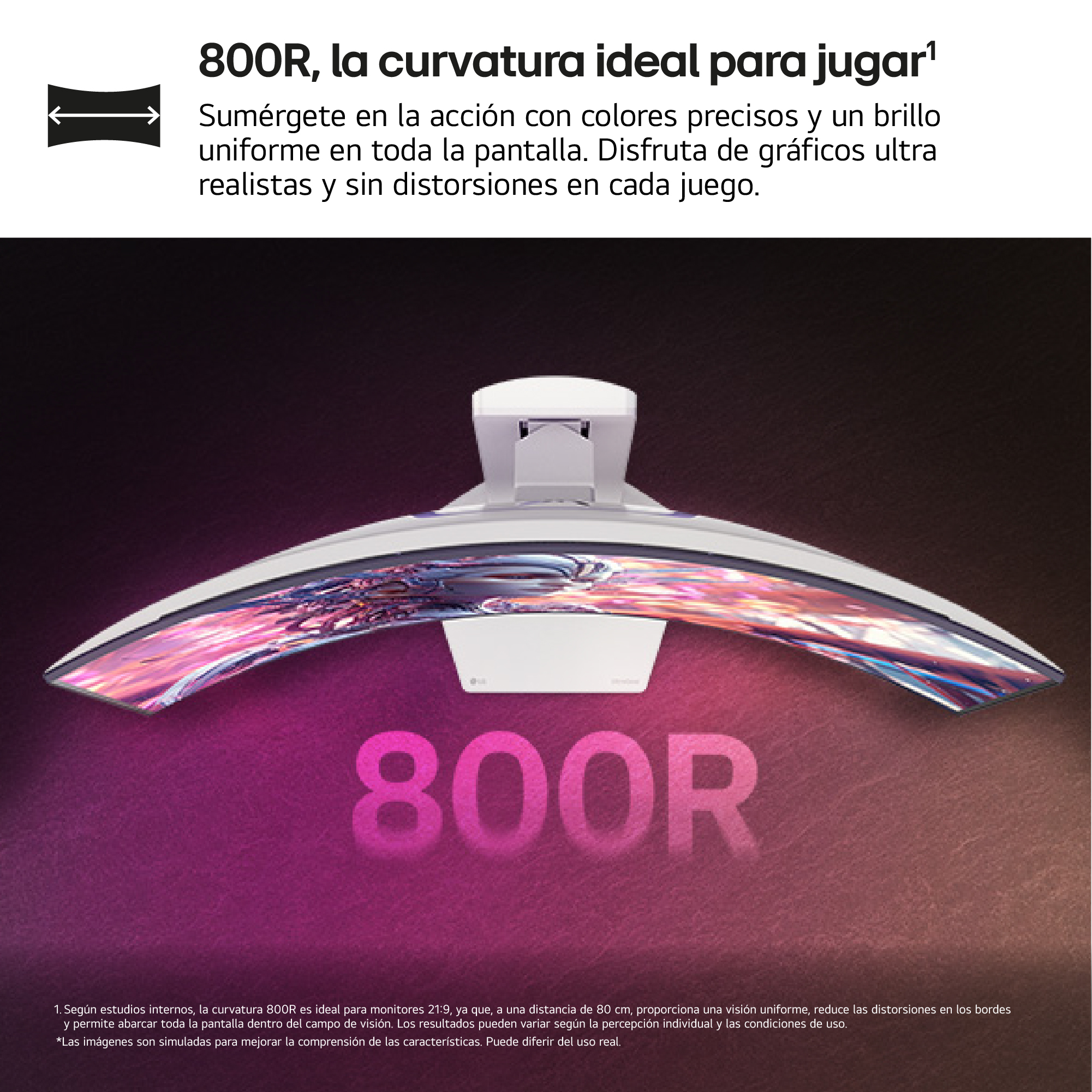 Monitor curvo con texto, '800R'. Muestra una pantalla curva con gráficos coloridos y un soporte blanco.