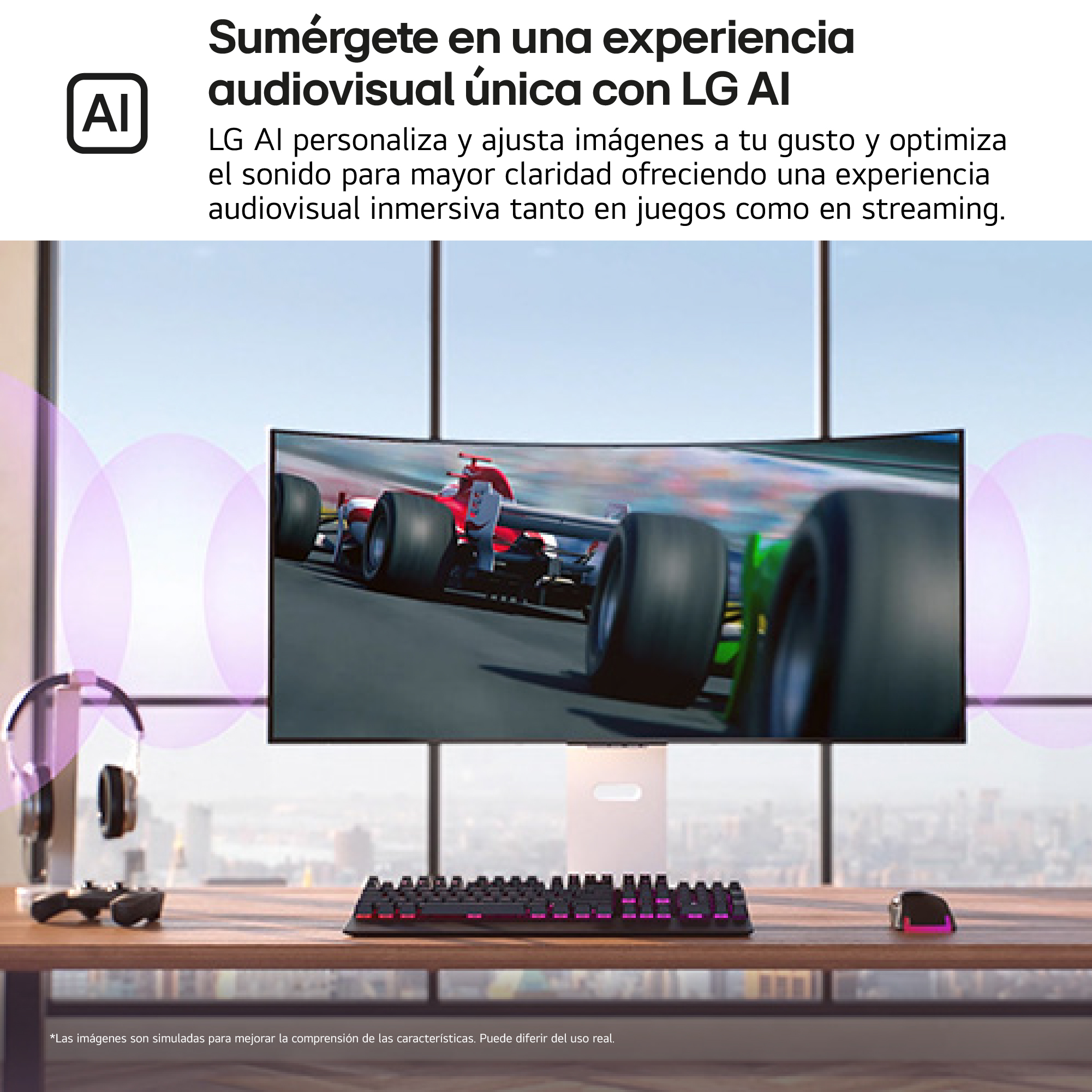 Un monitor muestra un coche de carreras. Un teclado y un ratón están sobre un escritorio. El logotipo de LG AI está en la esquina superior izquierda.