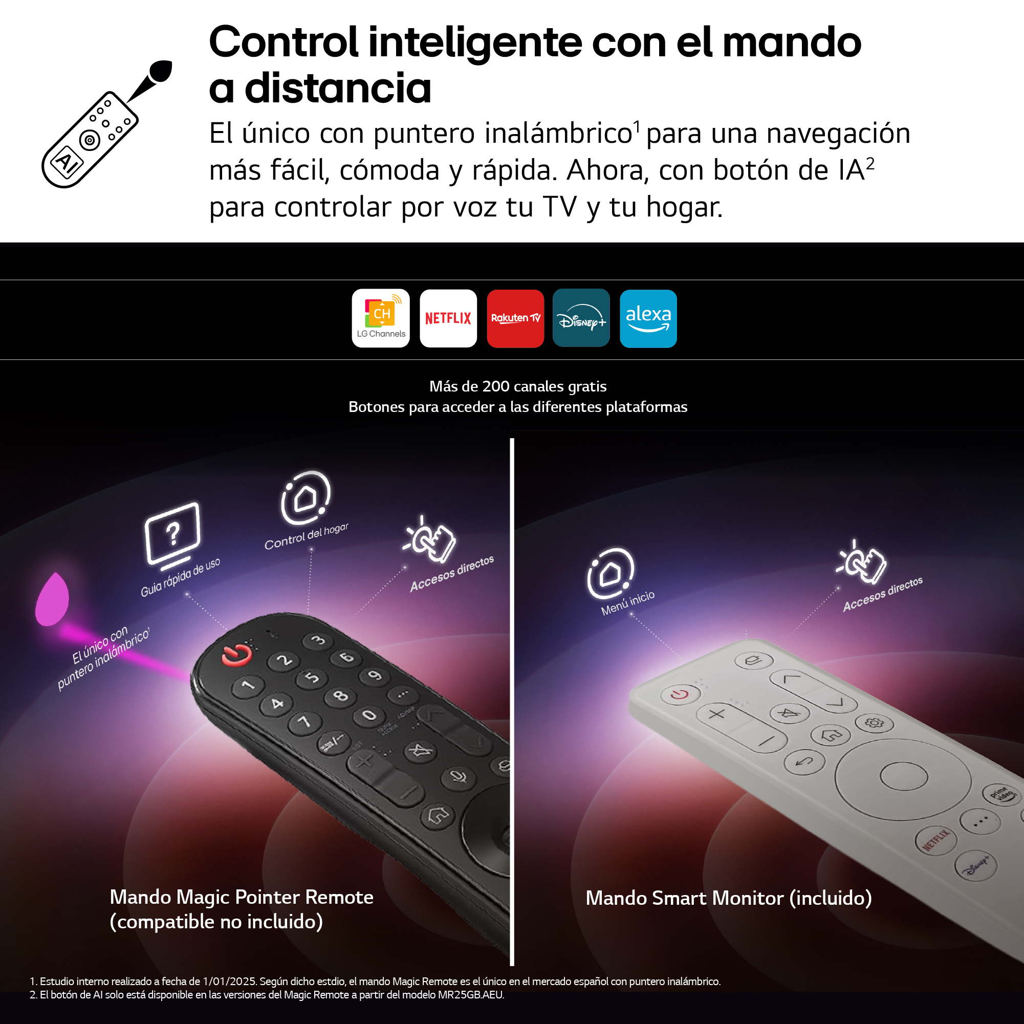 La imagen muestra dos mandos a distancia de TV: uno negro y uno blanco. Ambos se muestran con texto sobre sus características.