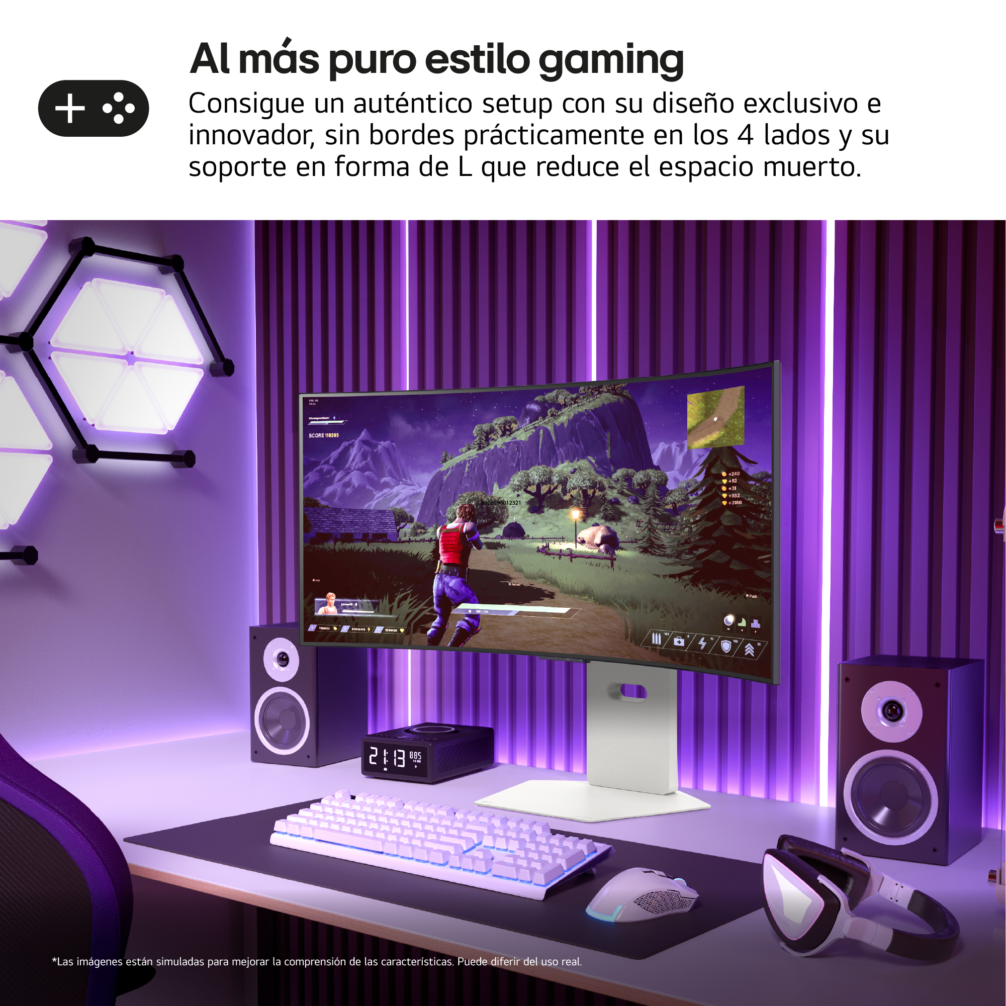 Configuración de juego con monitor curvo, altavoces, teclado, ratón y auriculares. Iluminación de pared púrpura. Juego en pantalla.