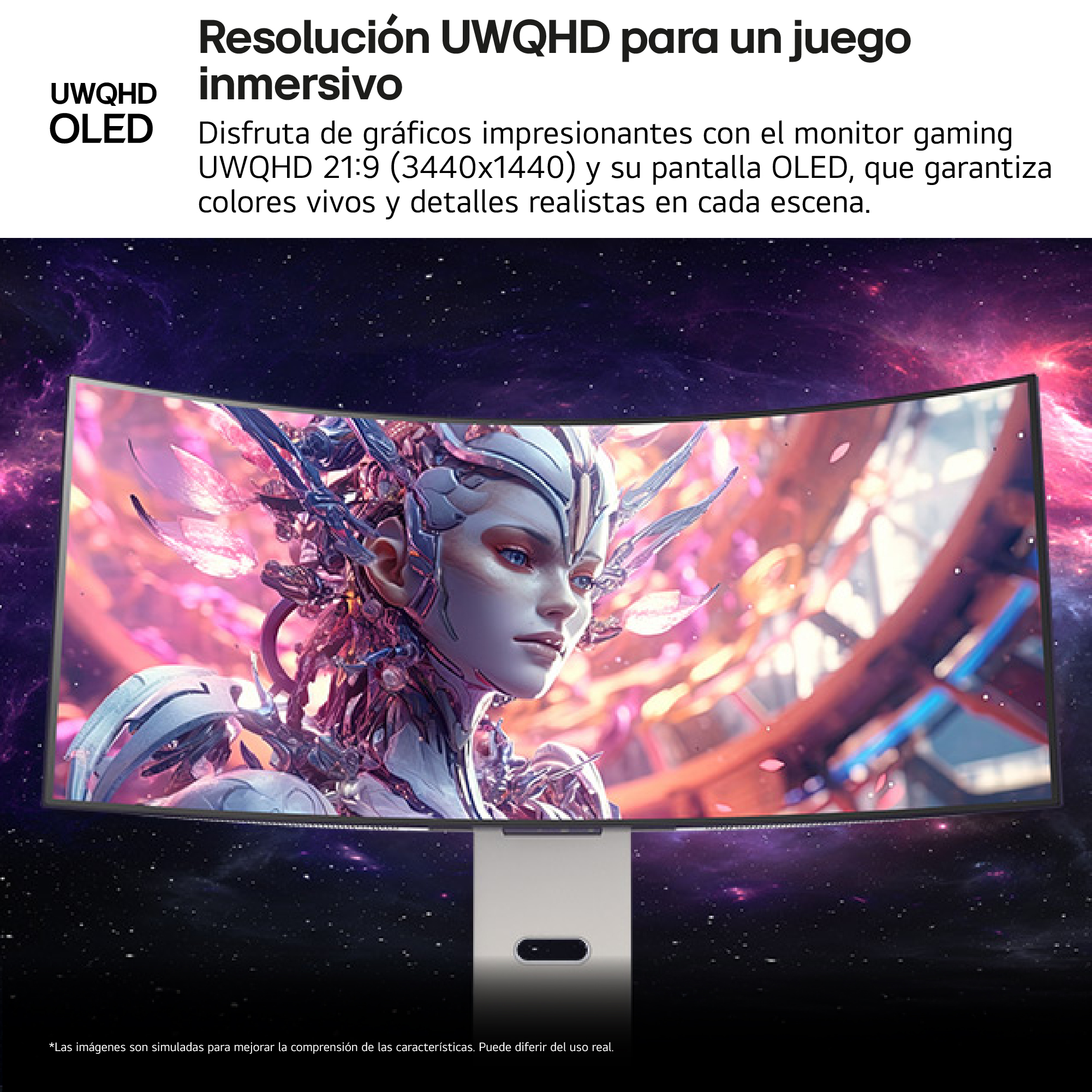 Monitor curvo con mujer futurista, fondo espacial. Texto: UWQHD OLED. Resolución para un juego inmersivo.