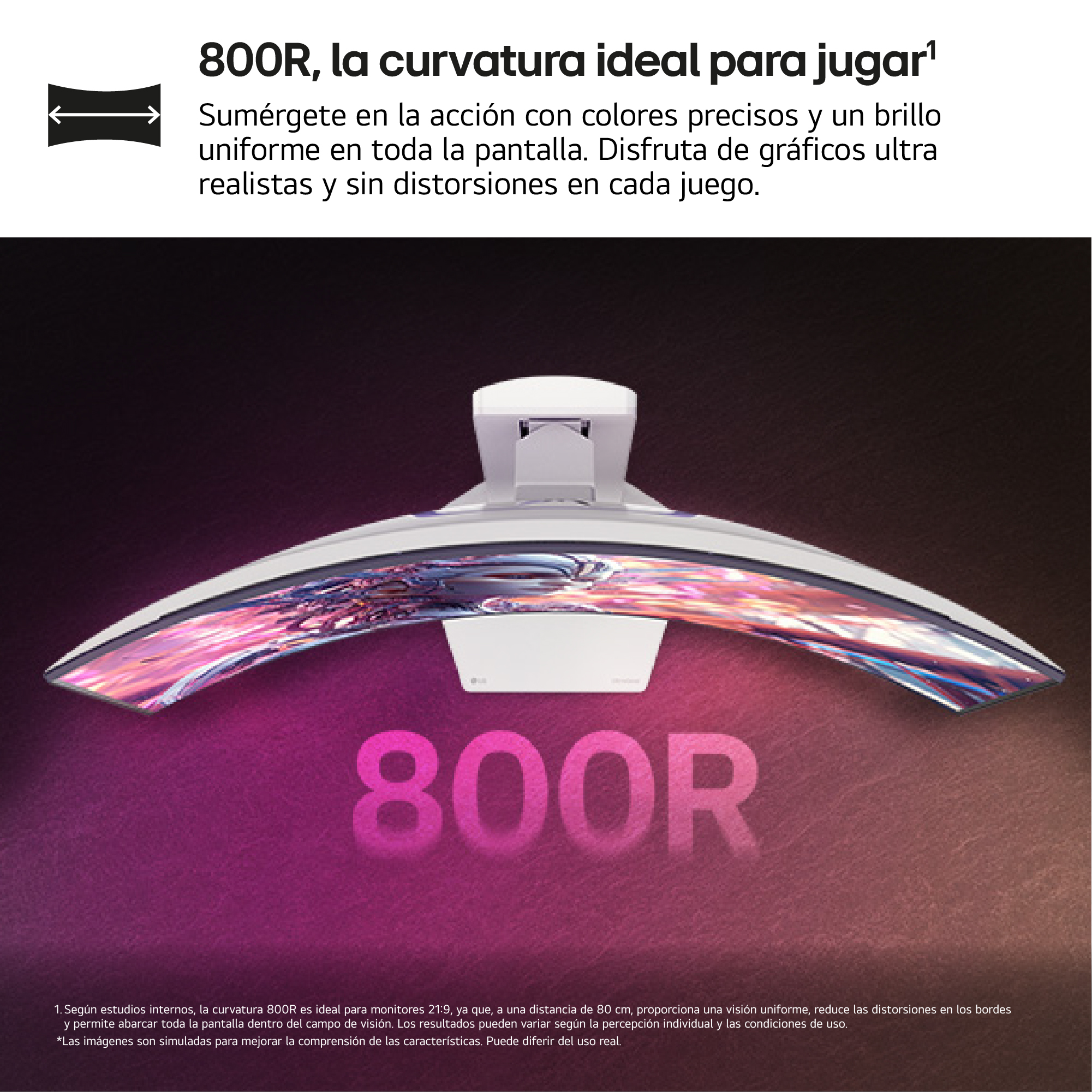 Un monitor curvo con soporte blanco. Texto en español: 800R, la curvatura ideal para jugar.
