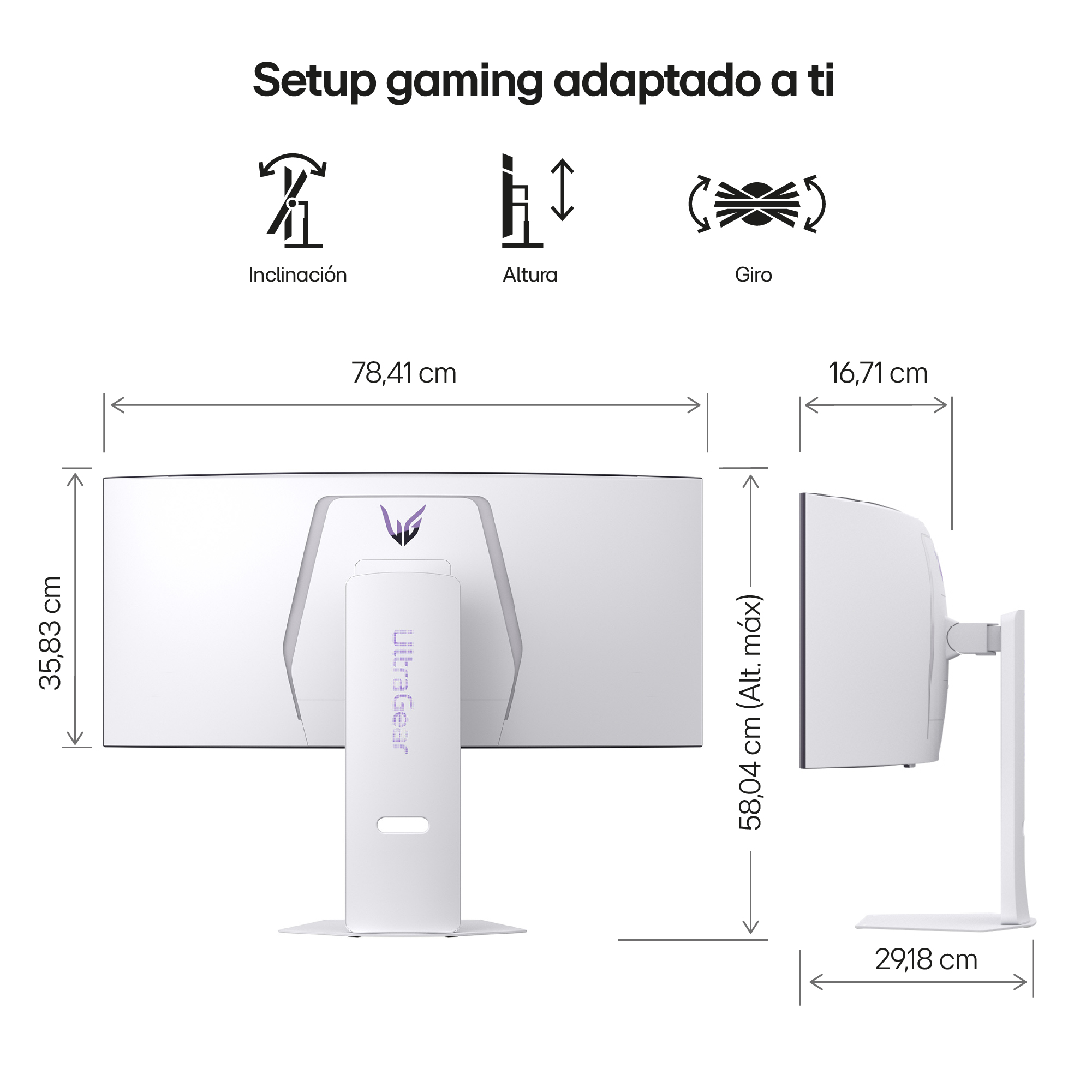 Un monitor de juegos blanco con medidas. Tiene funciones de inclinación, ajuste de altura y giro. El logotipo de UltraGear es visible.