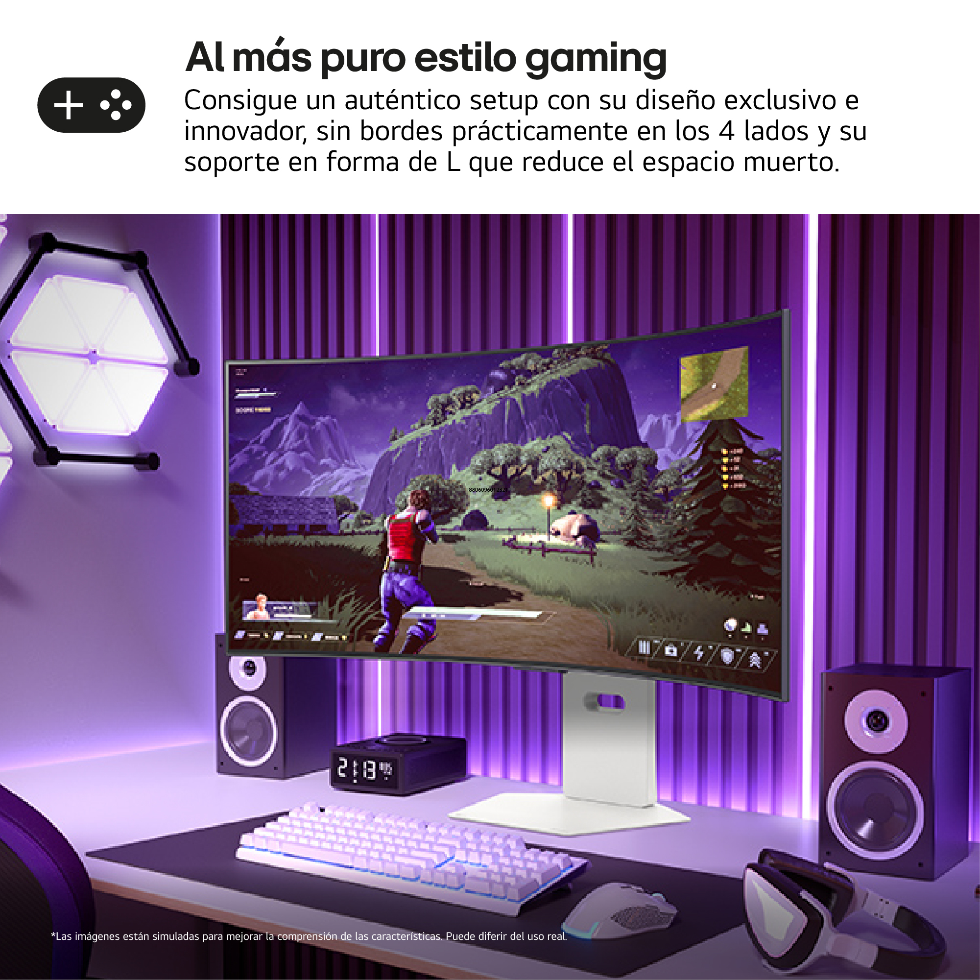 Configuración de juego con pantalla curva. Incluye altavoces, teclado, ratón y auriculares, todo con luz violeta.