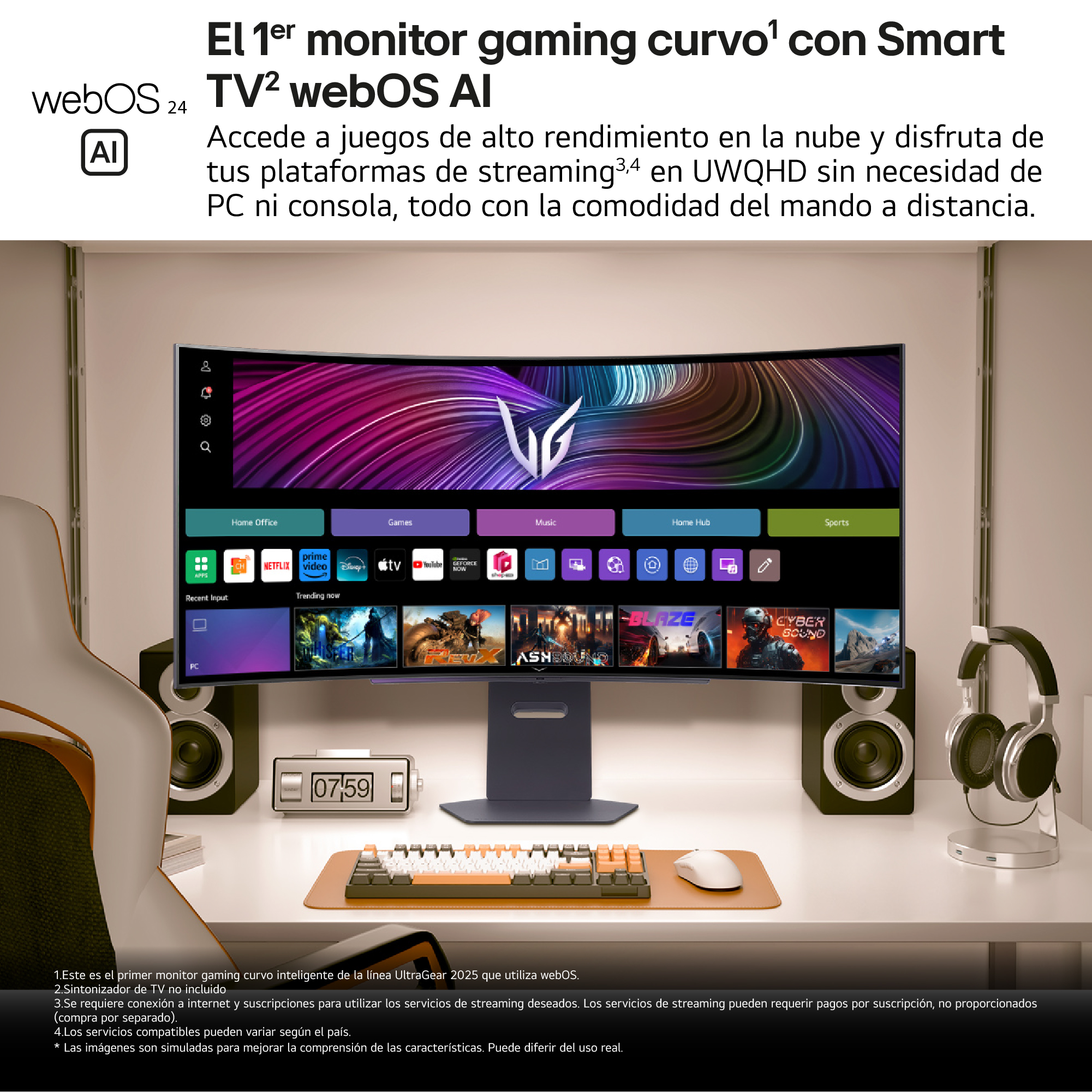 Monitor curvo para juegos con aplicaciones, teclado, ratón, altavoces y auriculares sobre un escritorio blanco.