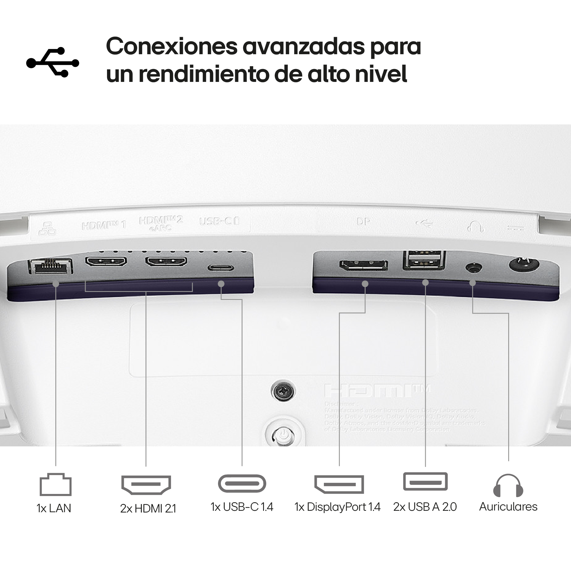La imagen muestra la parte trasera de un dispositivo con varios puertos: LAN, HDMI, USB-C, DisplayPort, USB A y audio, con texto en español.