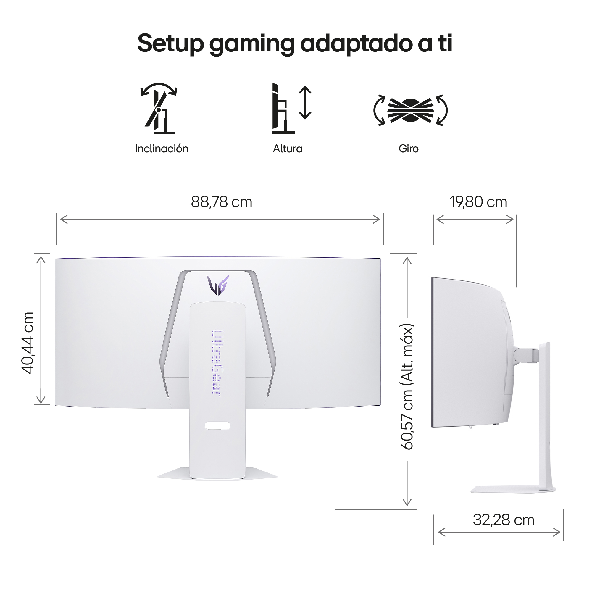Monitor curvo blanco con dimensiones. El texto dice 'Setup gaming'. Tiene ajustes de inclinación, altura y giro.