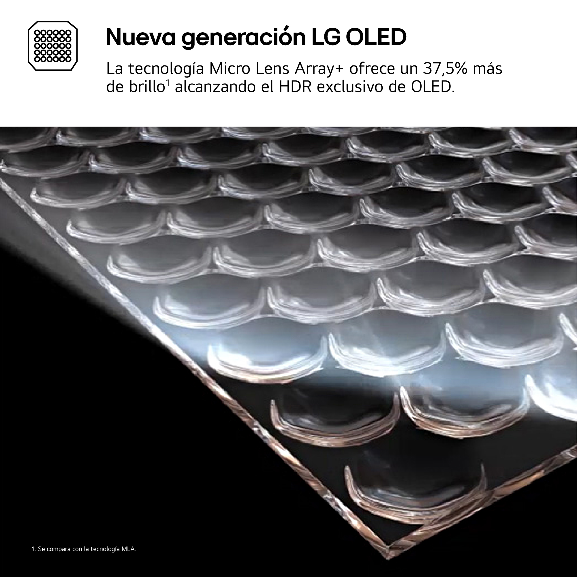 Primer plano de una matriz de lentes transparente y curvada. Texto arriba: 'Nueva generación LG OLED'.