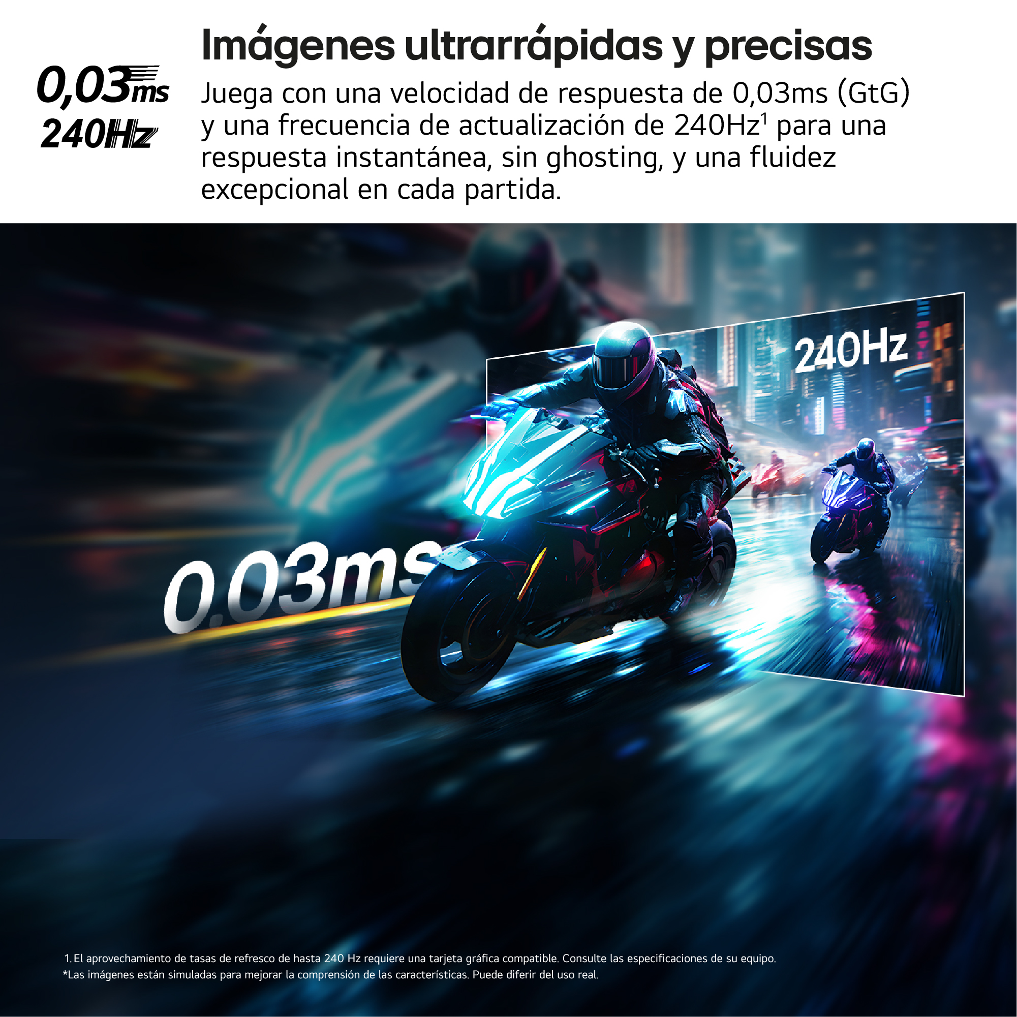 Carrera futurista de motos en pantalla. Pilotos con cascos compiten en motos con luces de neón. El fondo tiene texto sobre velocidad y frecuencia.