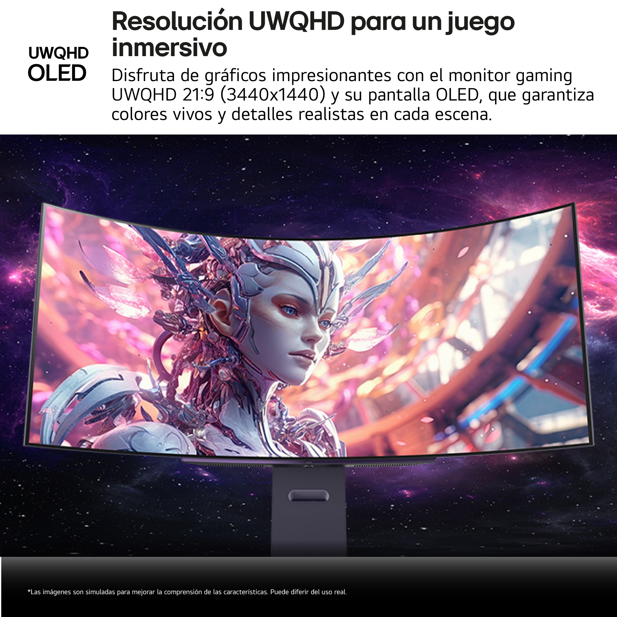 Monitor de juego curvo muestra a una mujer futurista en un entorno de ciencia ficción, contra un fondo estrellado.