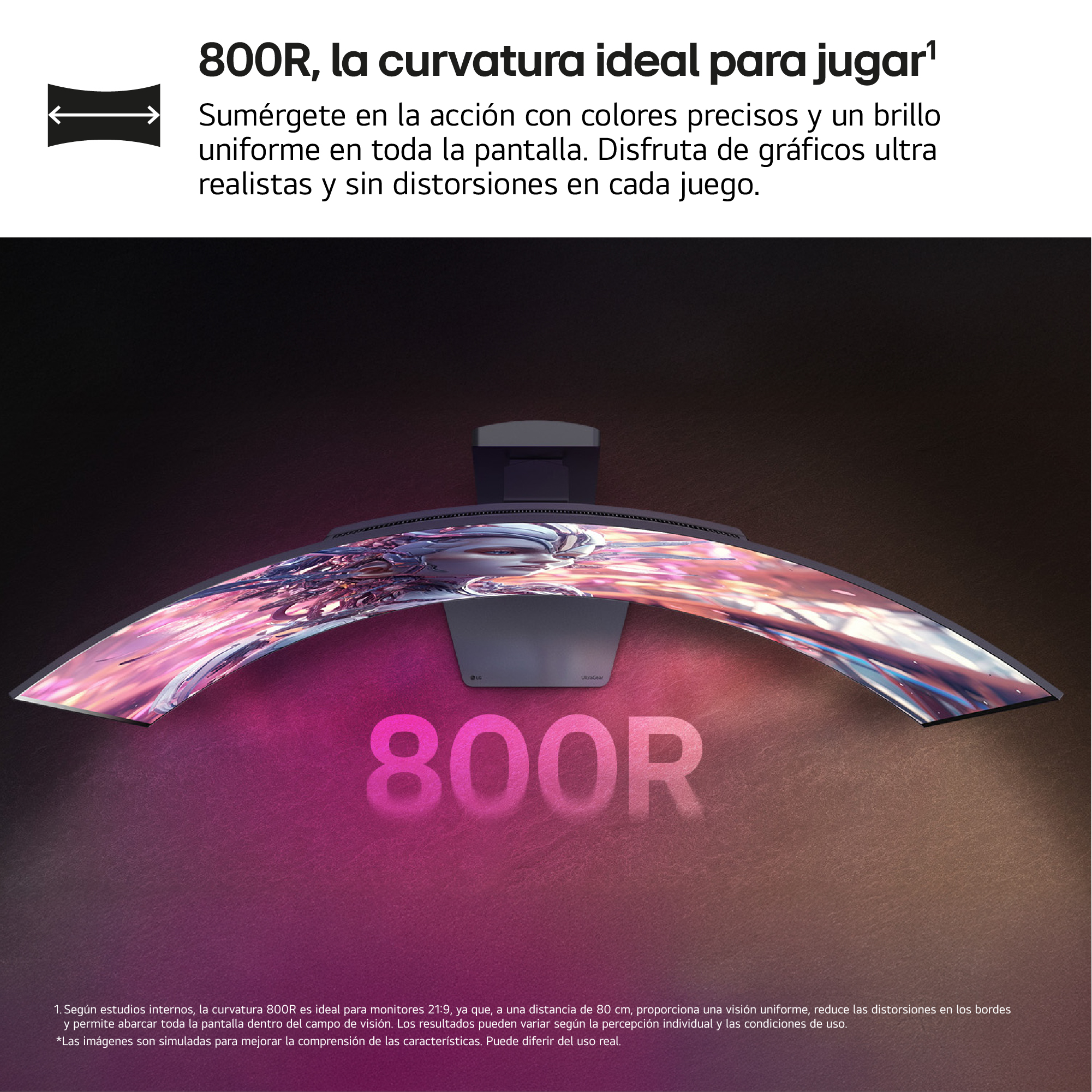 Monitor curvo. Muestra pantalla de juego con colores rosa y morado. Base negra, texto '800R'.