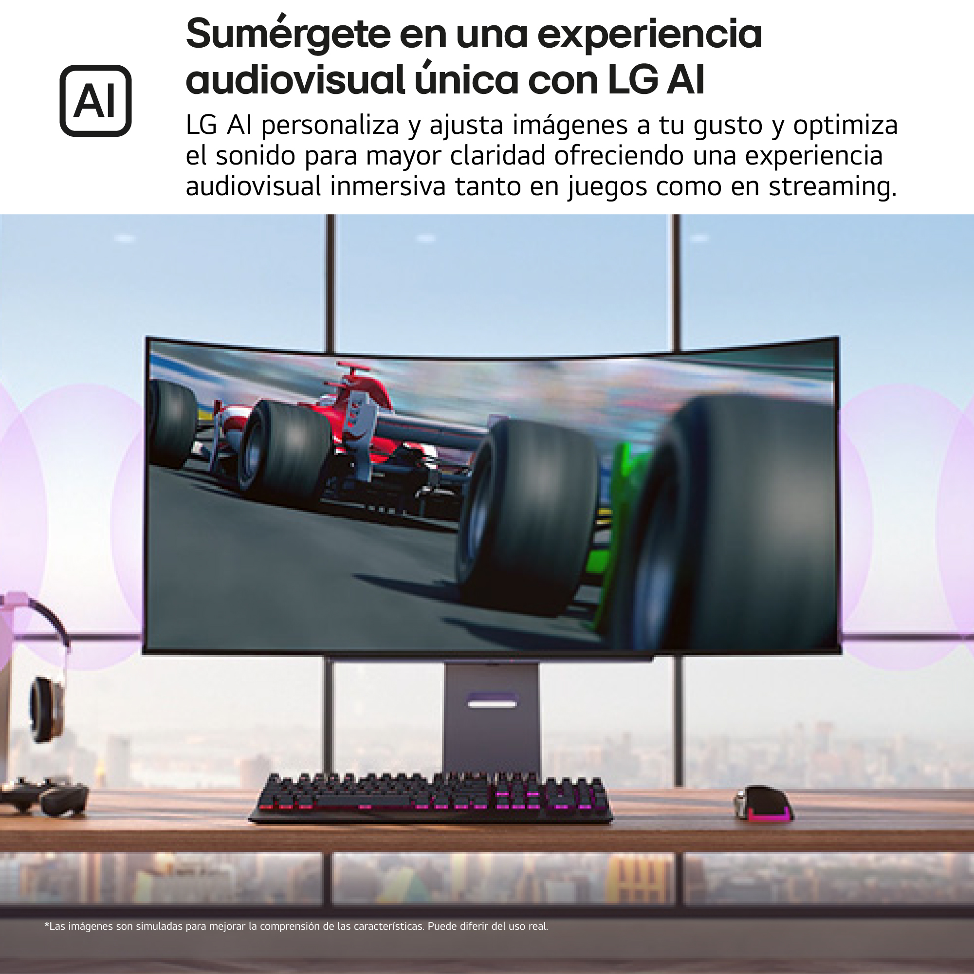 Un monitor curvo muestra un coche de carreras. Teclado y ratón sobre un escritorio, con auriculares. LG AI es el foco.