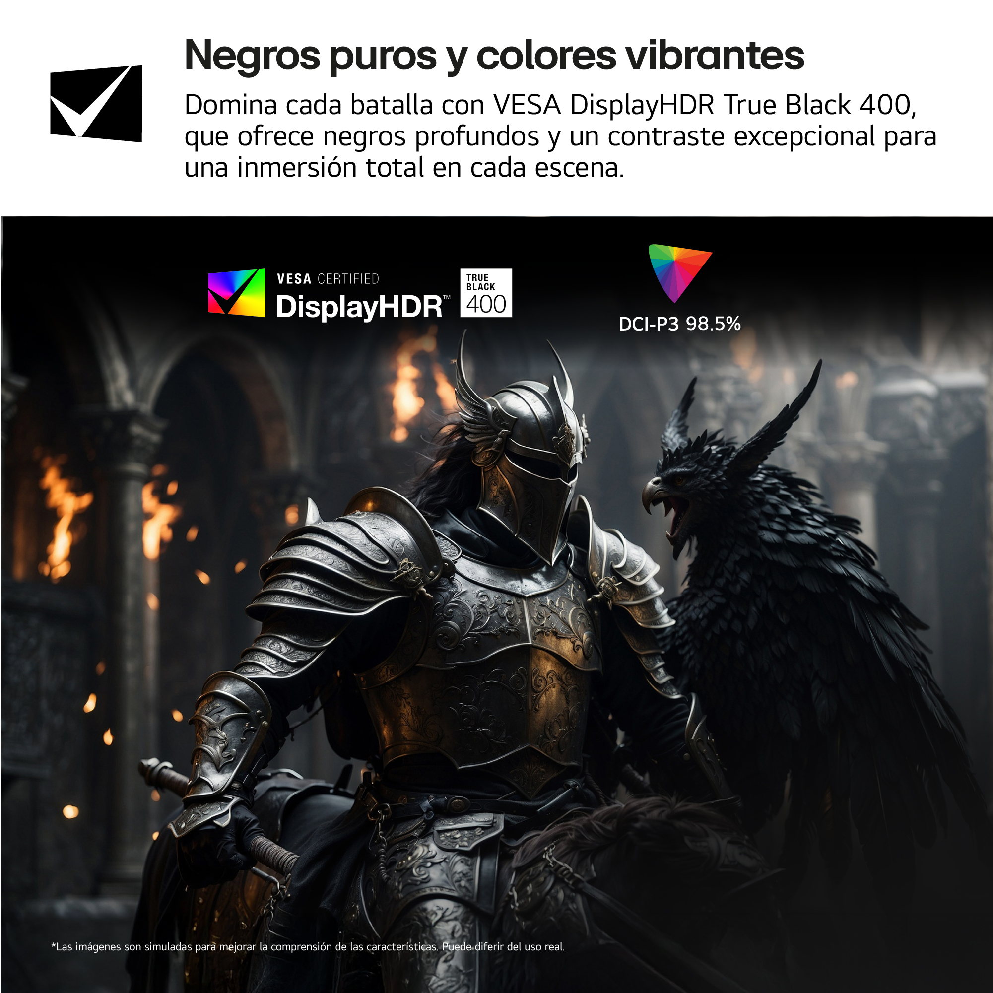 Un caballero con armadura y un grifo negro en un entorno oscuro. También hay texto sobre tecnología de pantalla.