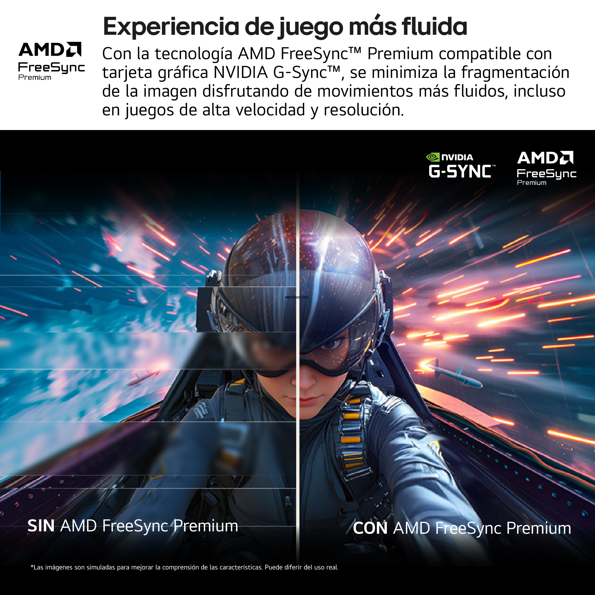 Imagen muestra un piloto en cabina, pantalla dividida comparando AMD FreeSync Premium activado y desactivado.