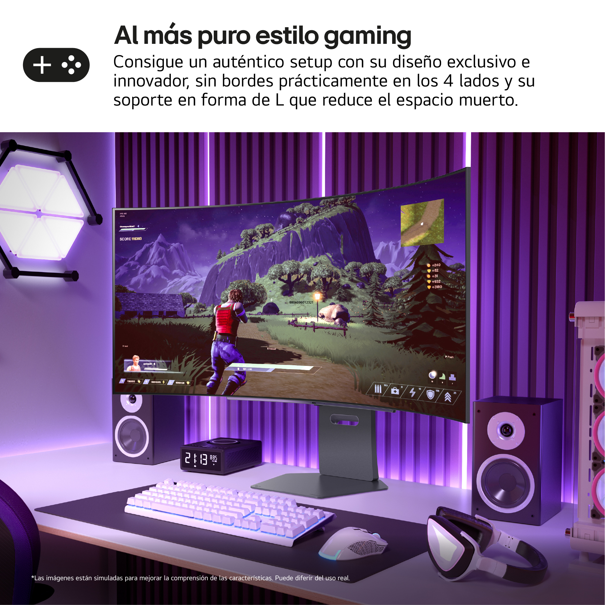 Configuración de juego con monitor curvo, teclado, altavoces y auriculares. Un juego se muestra en la pantalla.