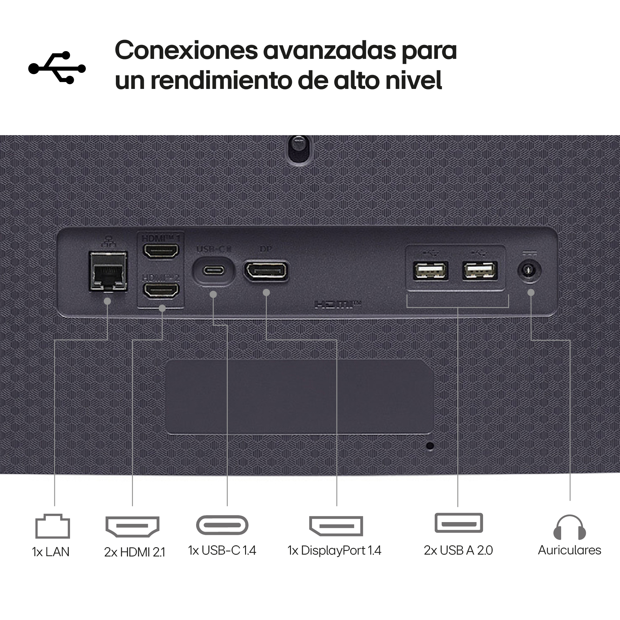 Panel trasero de TV con puertos: LAN, HDMI, USB-C, DisplayPort, USB y conector de auriculares. Texto: 'Conexiones avanzadas'.