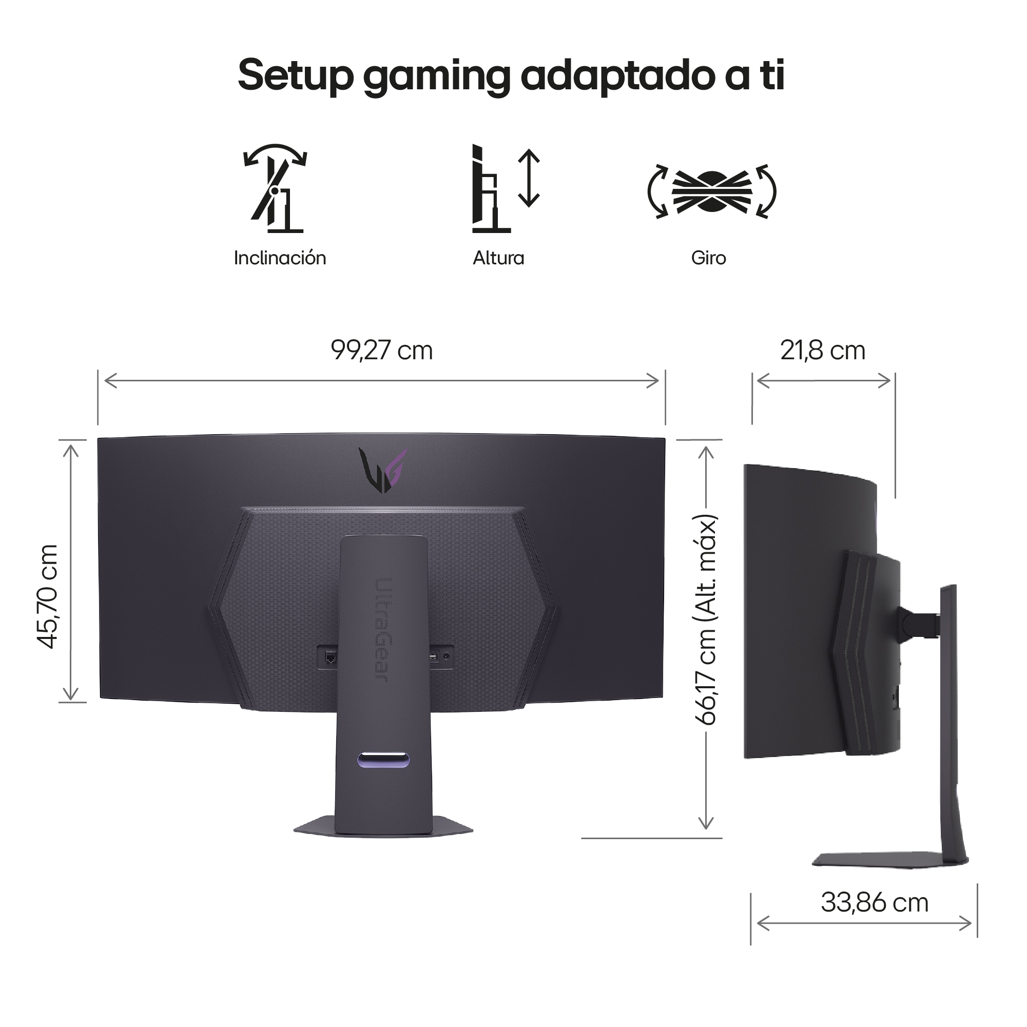 Un monitor curvo para juegos con dimensiones etiquetadas. Tiene ajustes de inclinación, altura y rotación.