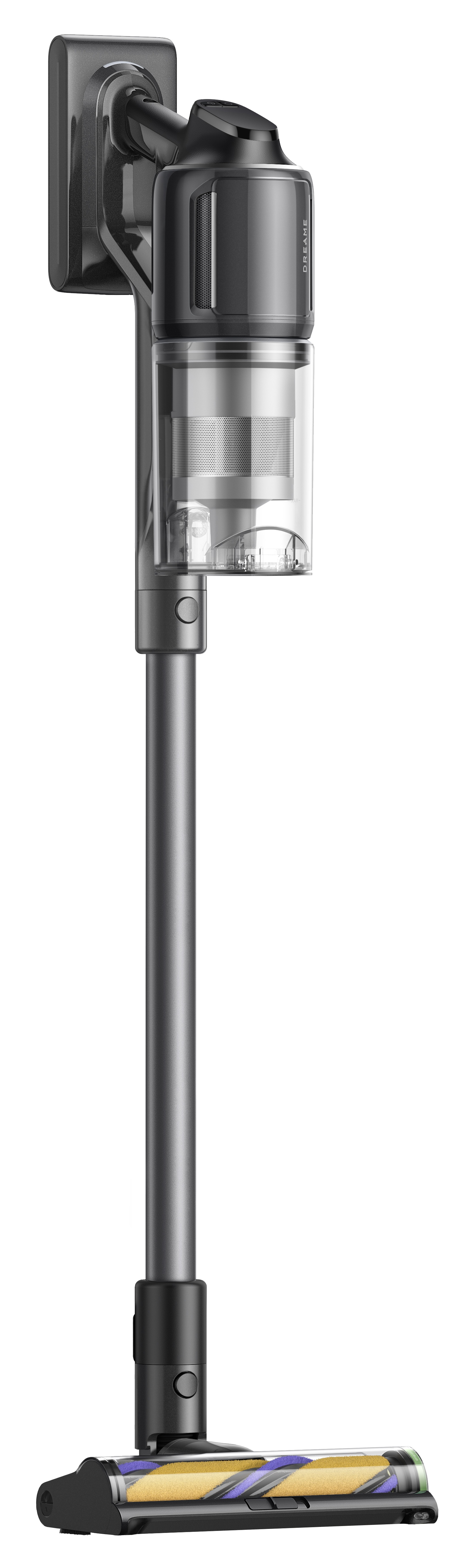 Odkurzacz bezprzewodowy, głównie szary. Jest przymocowany do uchwytu ściennego. Głowica szczotki ma żółte i fioletowe rolki.