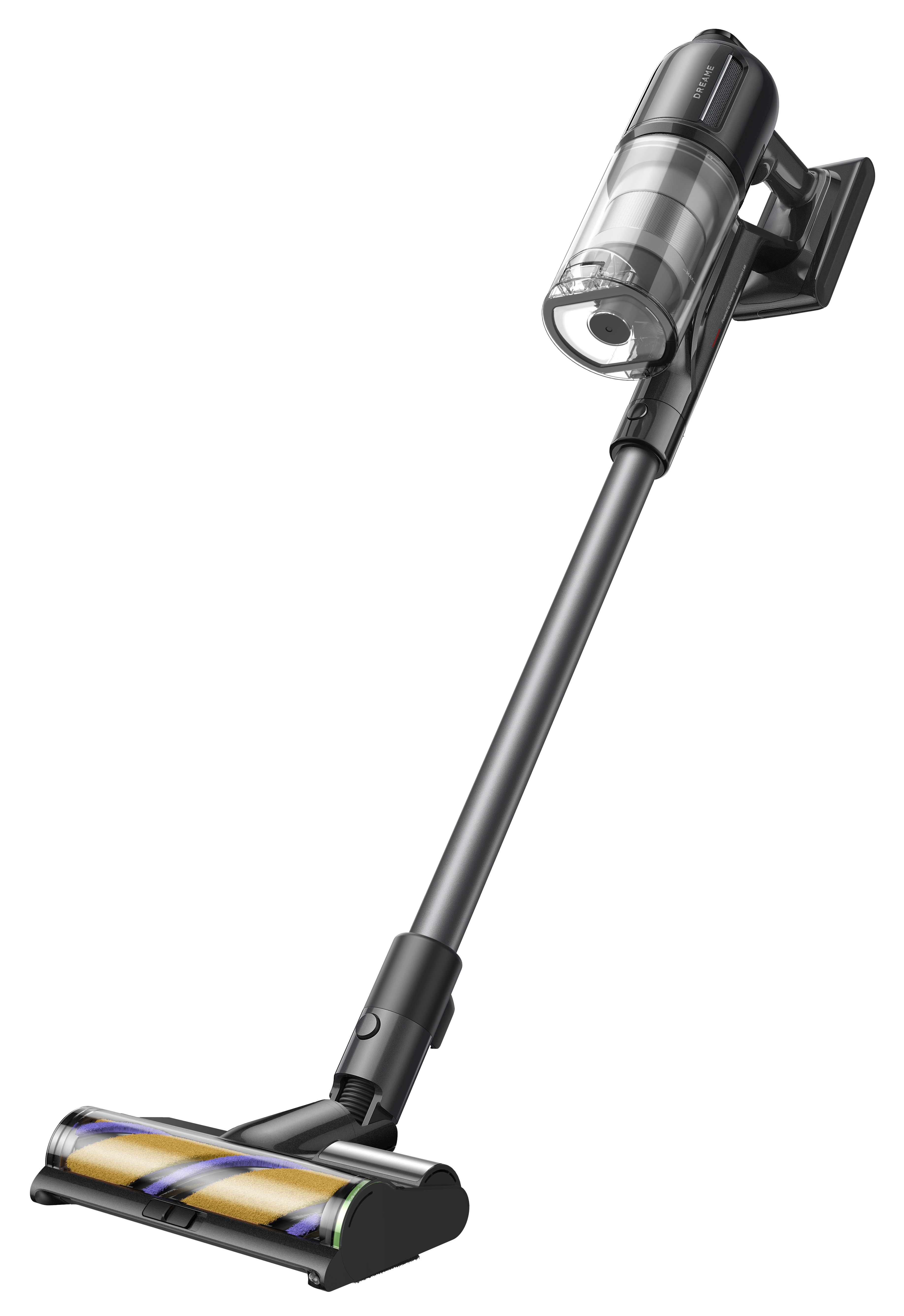 Odkurzacz bezprzewodowy, czarny i szary, jest ustawiony ukośnie na białym tle. Głowica szczotki jest na podłodze.