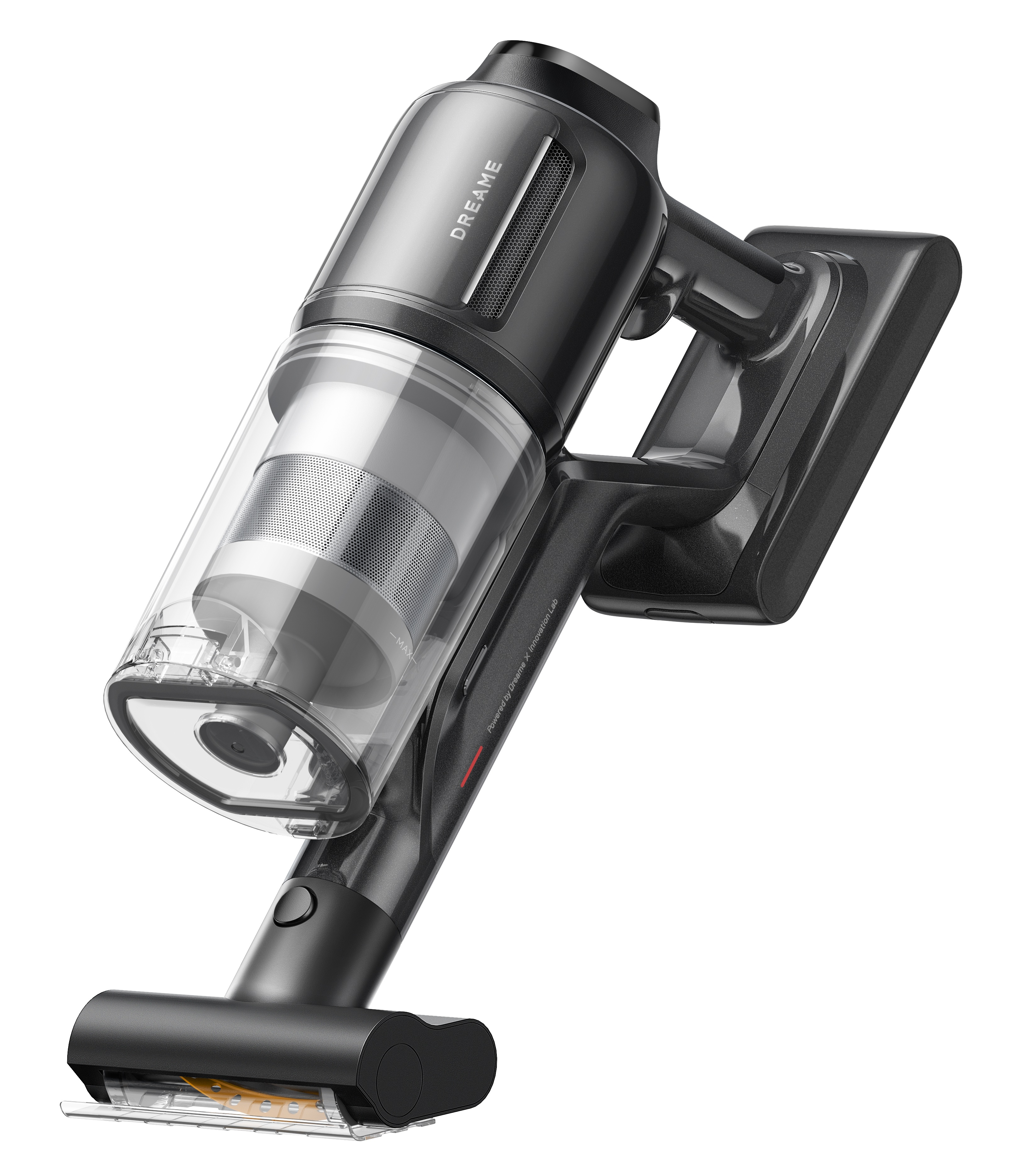 Odkurzacz ręczny, ciemnoszary z przezroczystym pojemnikiem na kurz. Marka 'DREAME'.