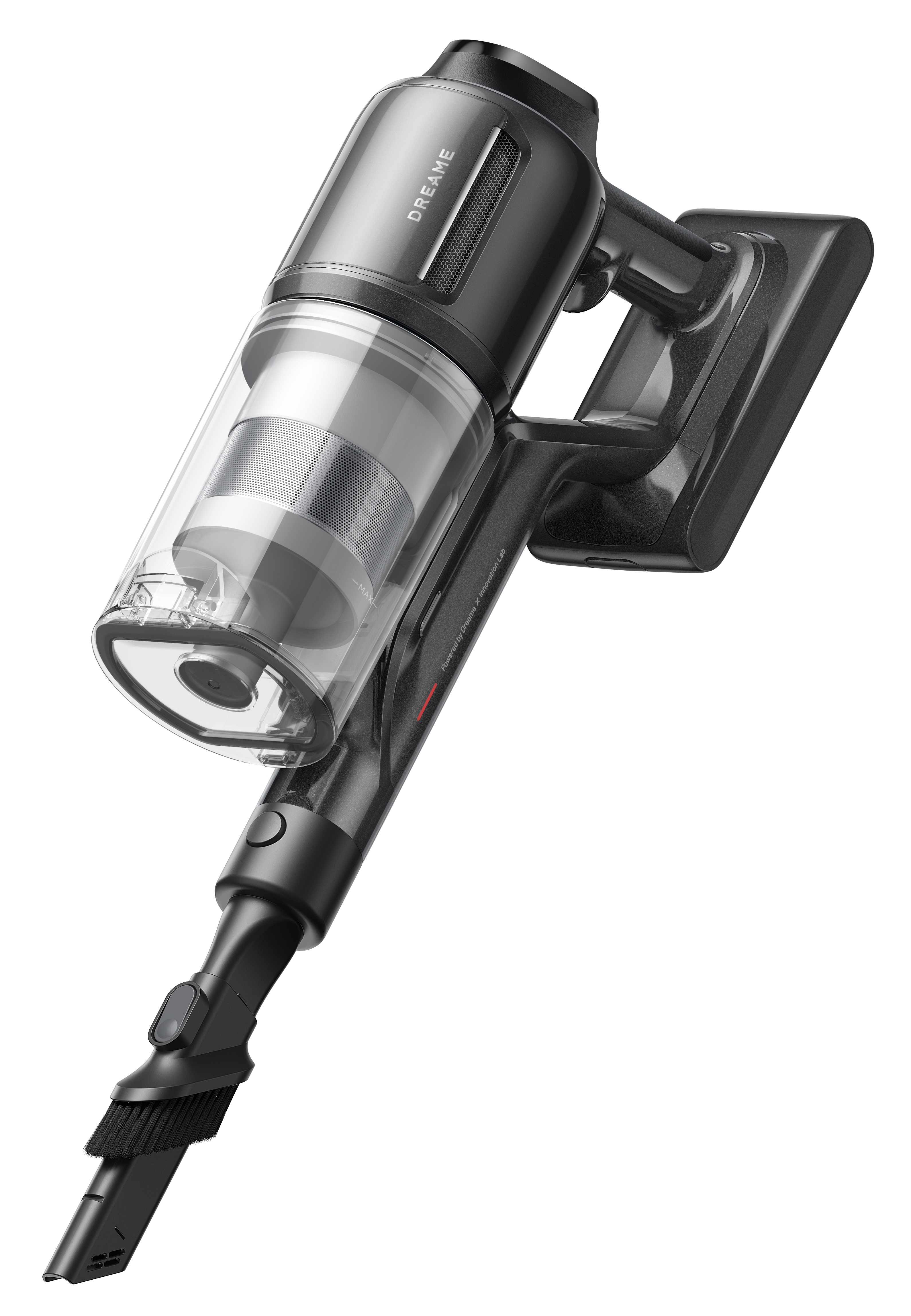 Odkurzacz bezprzewodowy z przezroczystym pojemnikiem na kurz i nasadką szczotkową. Urządzenie jest czarne i szare.