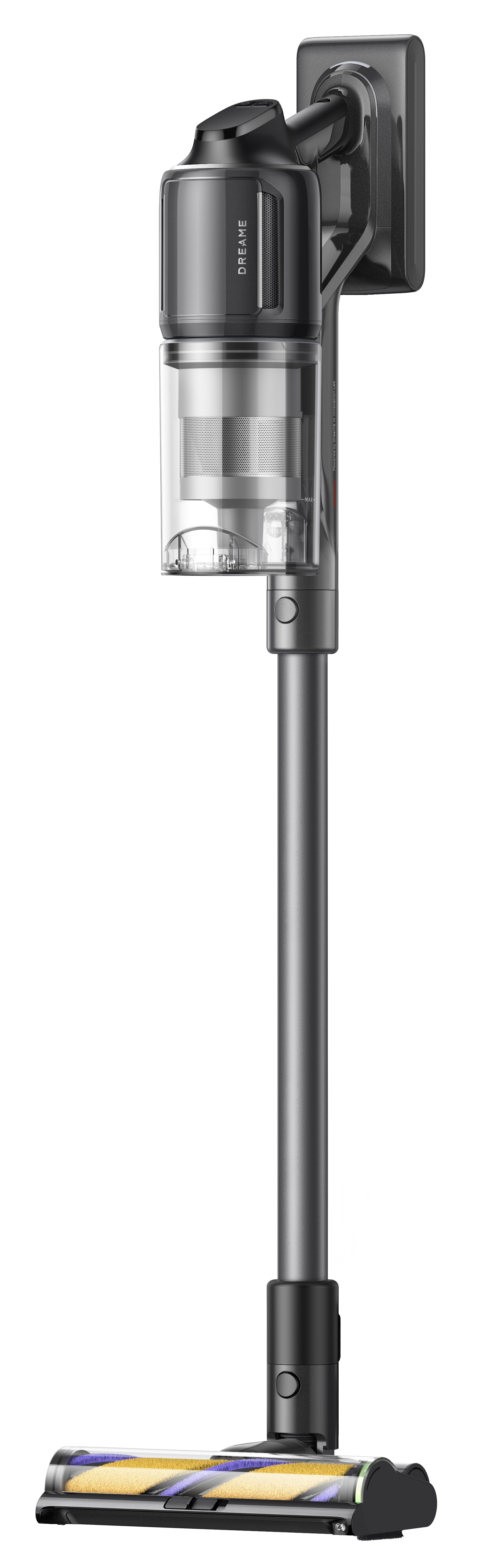 Szary i czarny odkurzacz bezprzewodowy. Jest zamontowany na ładowarce ściennej. Szczotka ma żółte i fioletowe włosie.