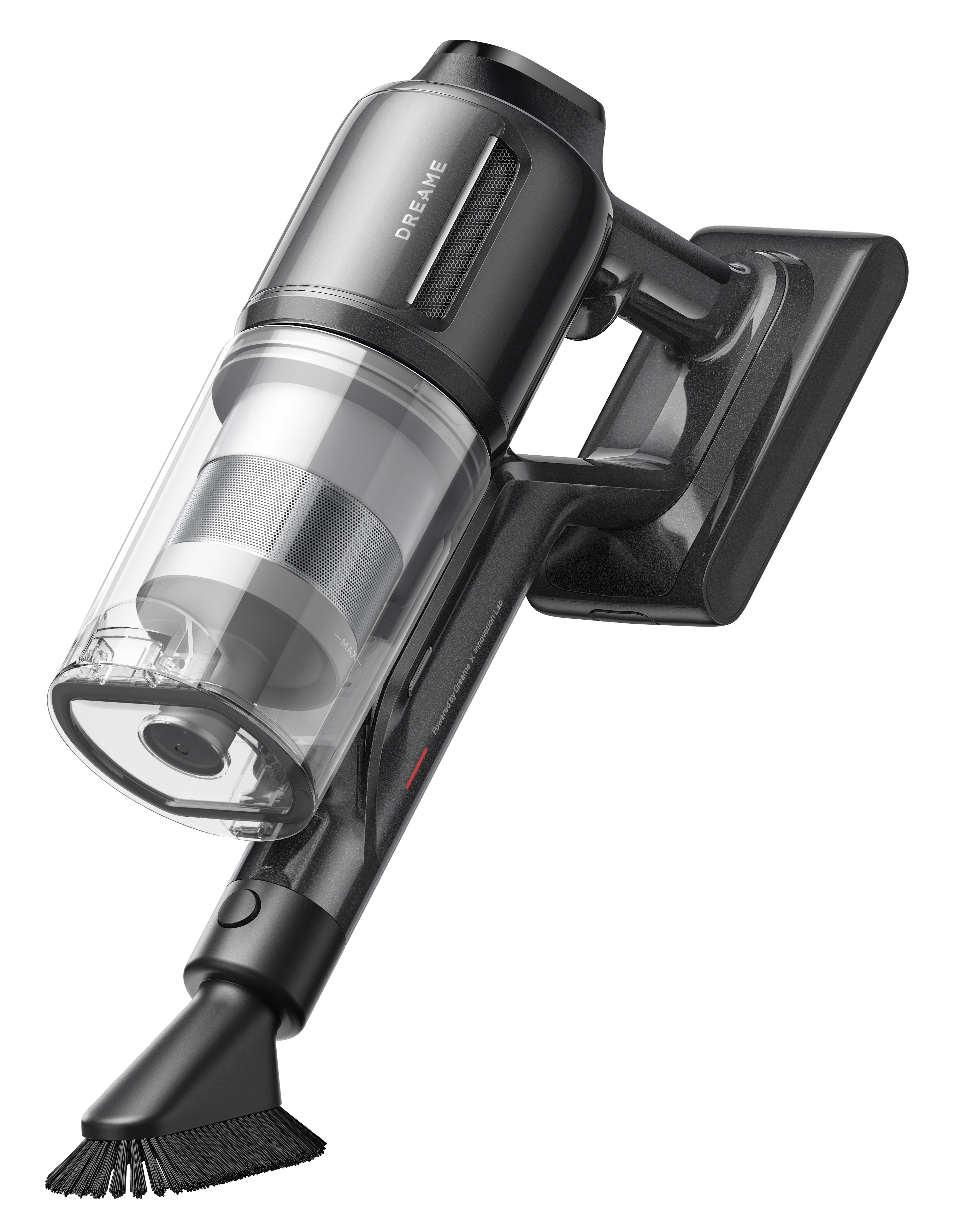 Czarno-szary odkurzacz bezprzewodowy. Przezroczysty pojemnik na kurz odsłania filtr. Szczotka jest czarna.
