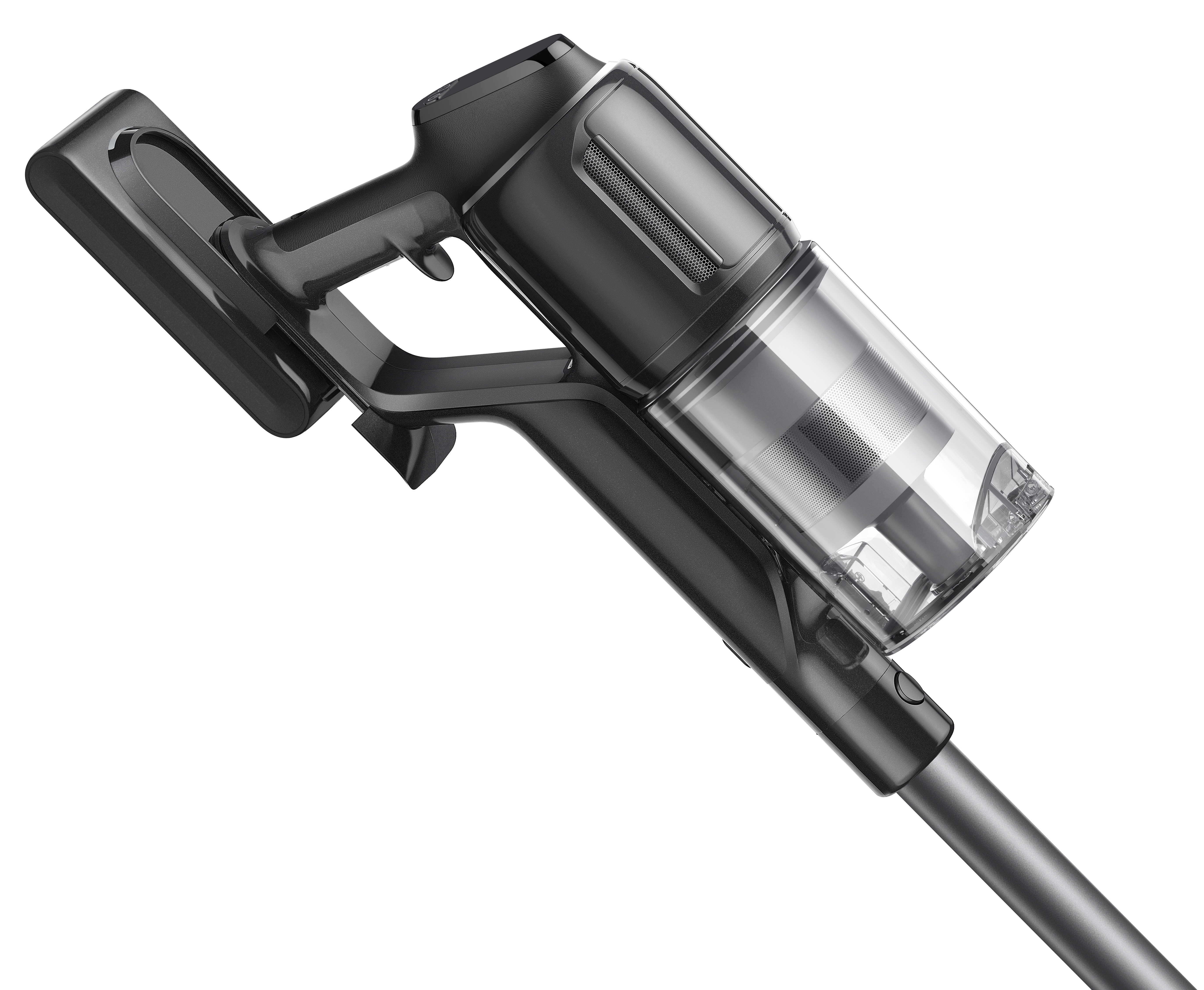 Czarny i szary odkurzacz bezprzewodowy na białym tle, skierowany w lewo i w górę.