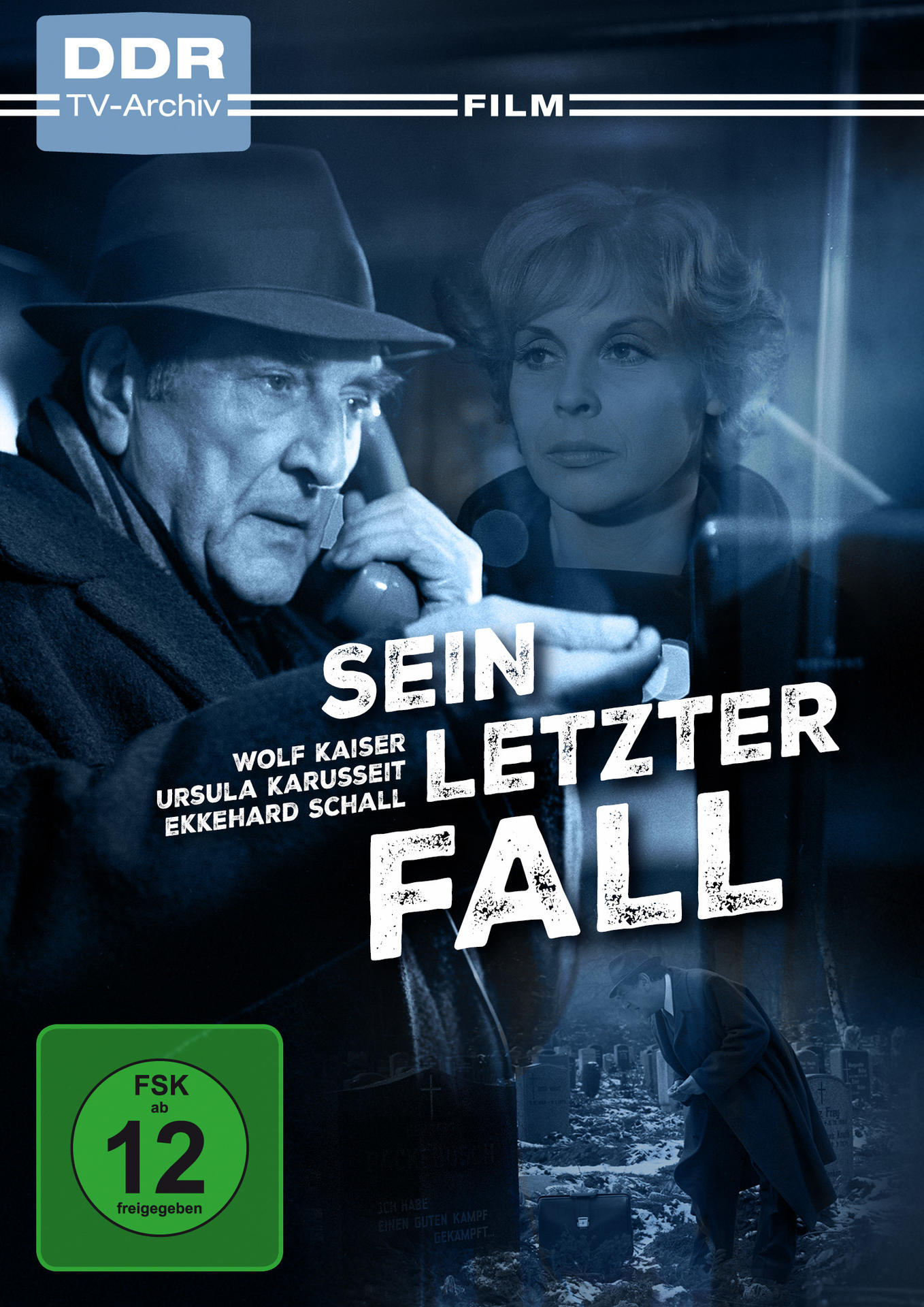 Filmposter mit zwei Personen, Titel: "Sein Letzter Fall". Mit Wolf Kaiser und Ursula Karusseit. Im Hintergrund ein Friedhof.