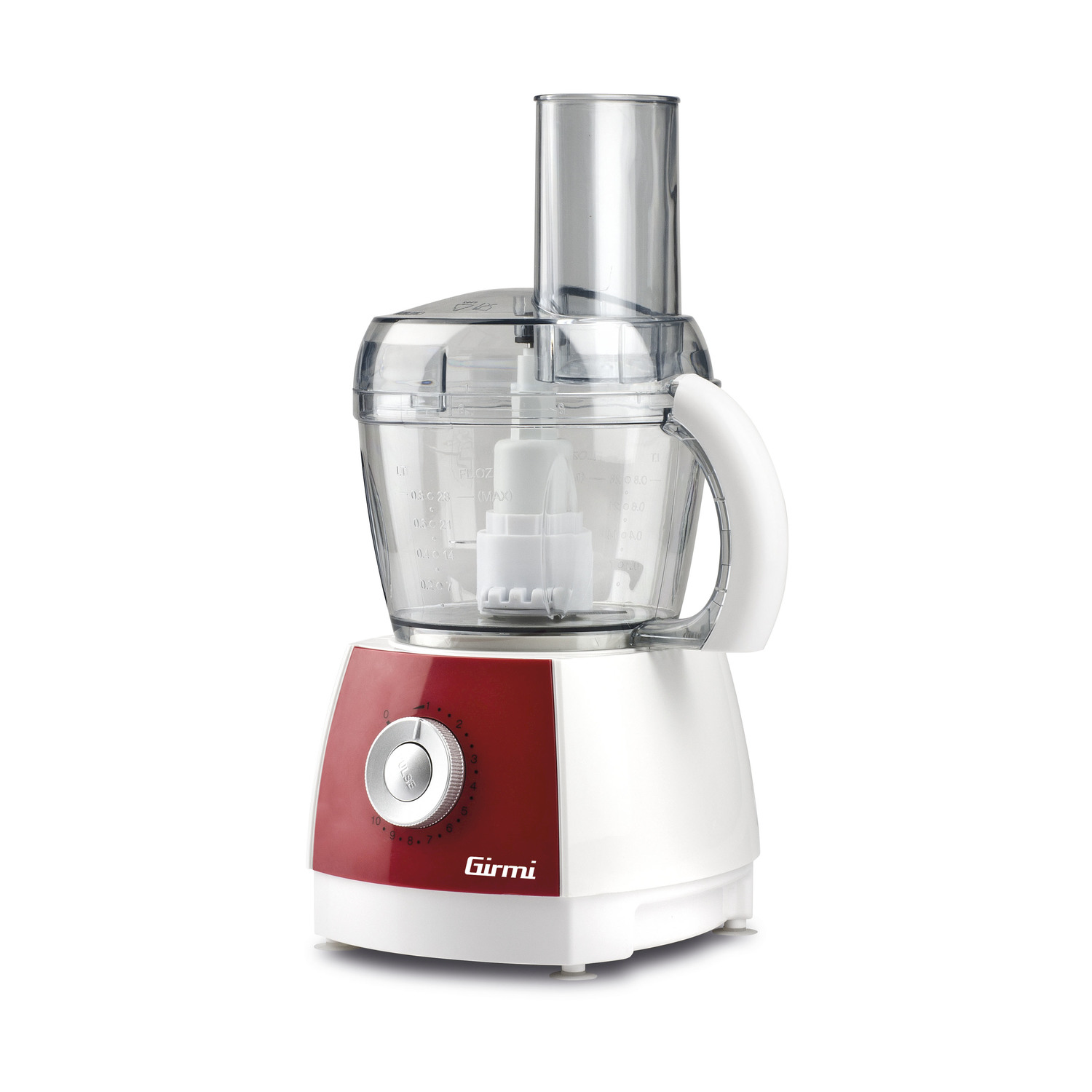 Un robot da cucina Girmi bianco e rosso. Ha un contenitore trasparente con misure, una maniglia bianca e un quadrante.