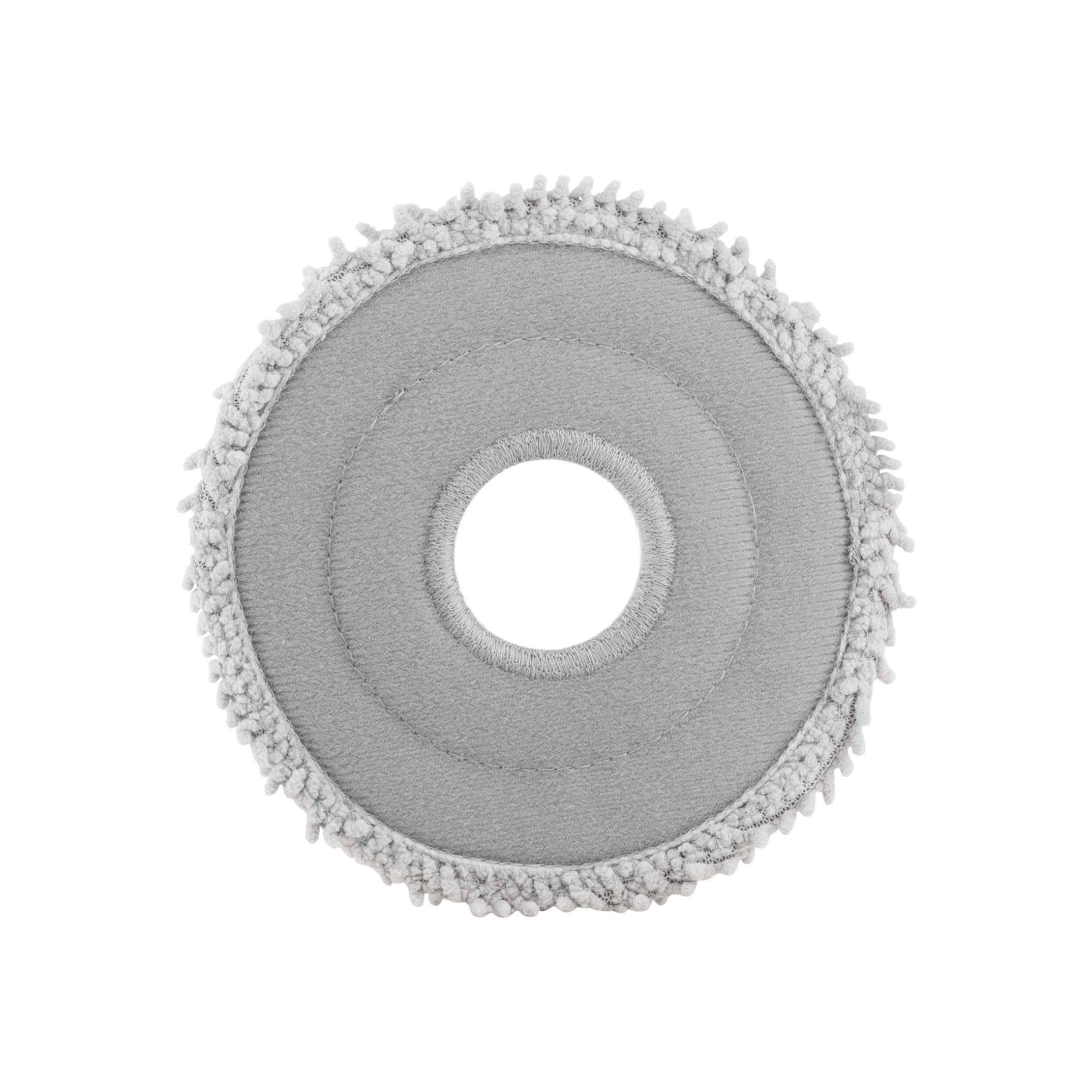 Ein graues, kreisförmiges Mopp-Pad mit weißer Mitte und flauschigem, weißem Außenrand, vor weißem Hintergrund.