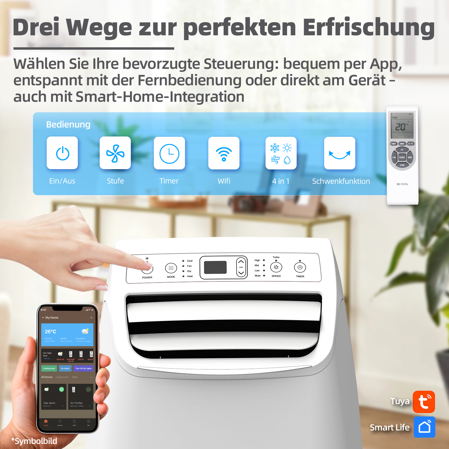 Ein Finger berührt einen weißen Luftkühler. Ein Smartphone zeigt einen App-Bildschirm. Fernbedienung und Bedienfeld sind sichtbar.