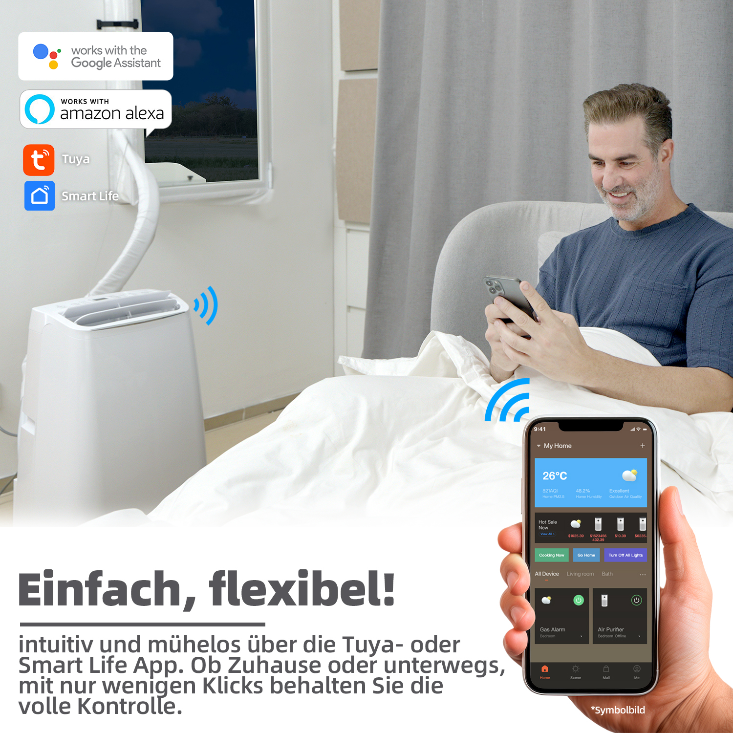 Mann im Bett, der mit dem Telefon Hausgeräte steuert. Klimaanlage, Smart-Home-App und Logos für Google Assistant und Alexa sind sichtbar.