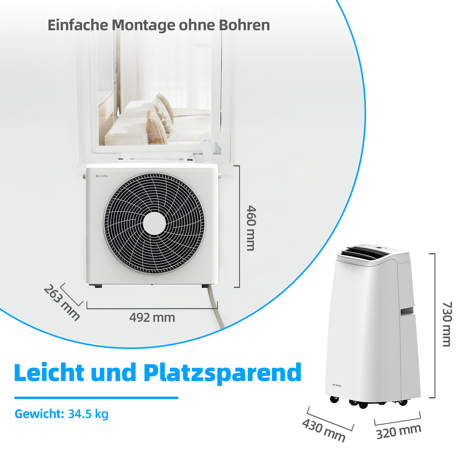 Weißes Klimagerät mit schwarzem Lüfter, Abmessungen sind angegeben. Auf der rechten Seite ist ein tragbares Klimagerät abgebildet.