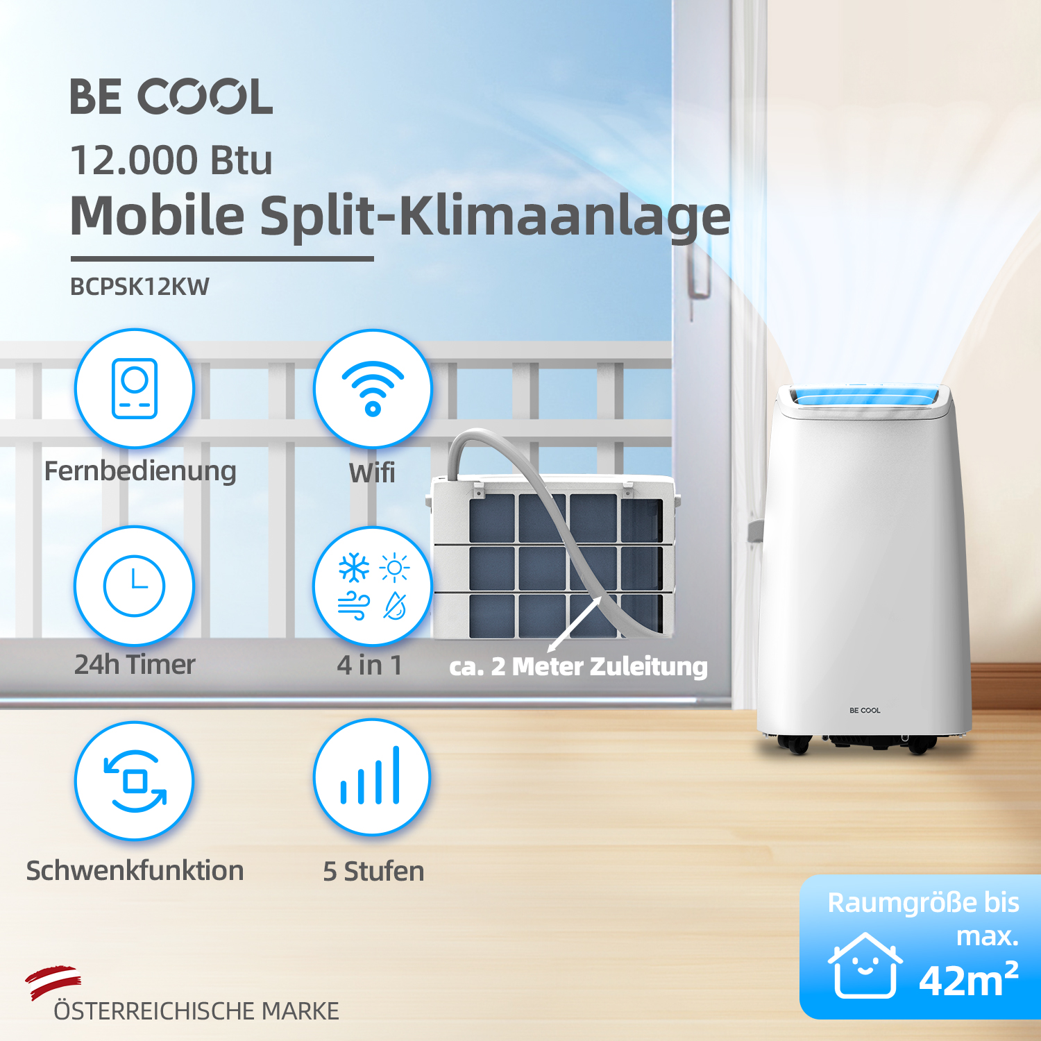 Weißes mobiles Split-Klimagerät mit blauem Licht. Symbole für Funktionen. Text: BE COOL, 12.000 Btu, Mobile Split-Klimaanlage, 42m² max.