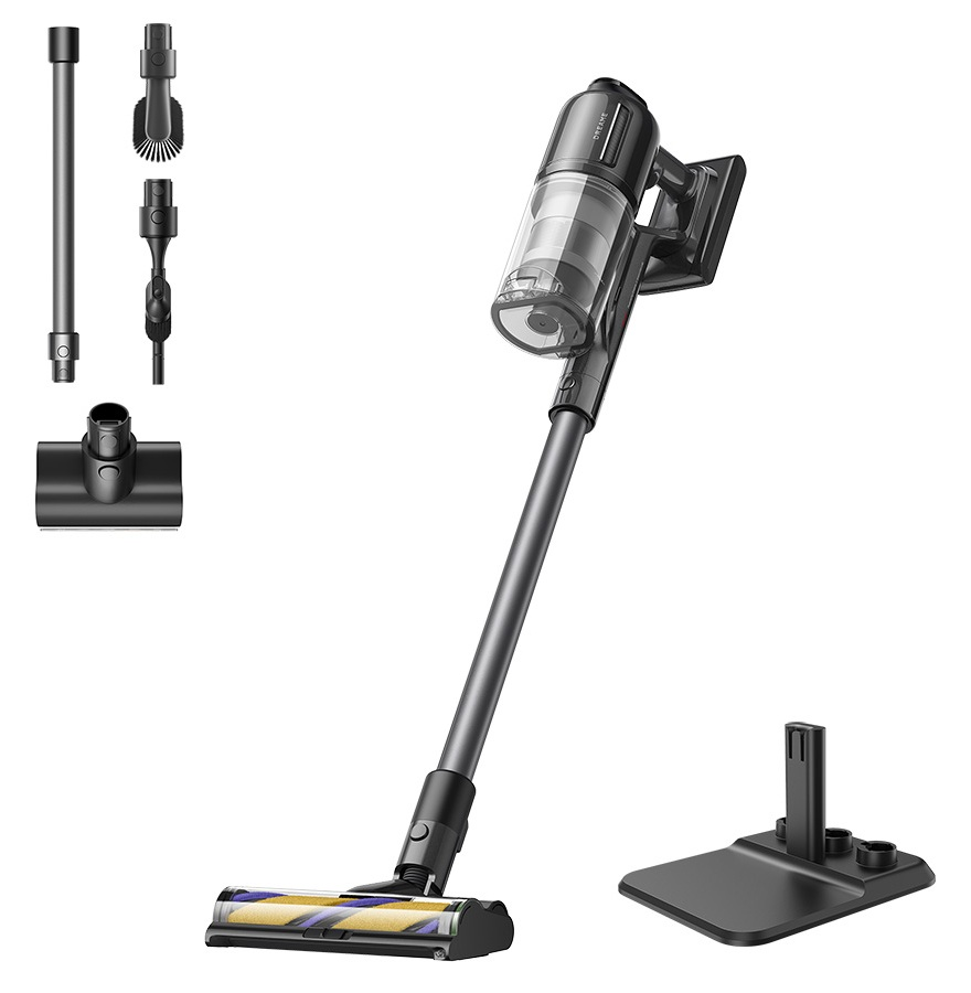 Odkurzacz bezprzewodowy z akcesoriami. Jednostka główna szara i czarna. Akcesoria: szczotka, dysza i stojak. Białe tło.